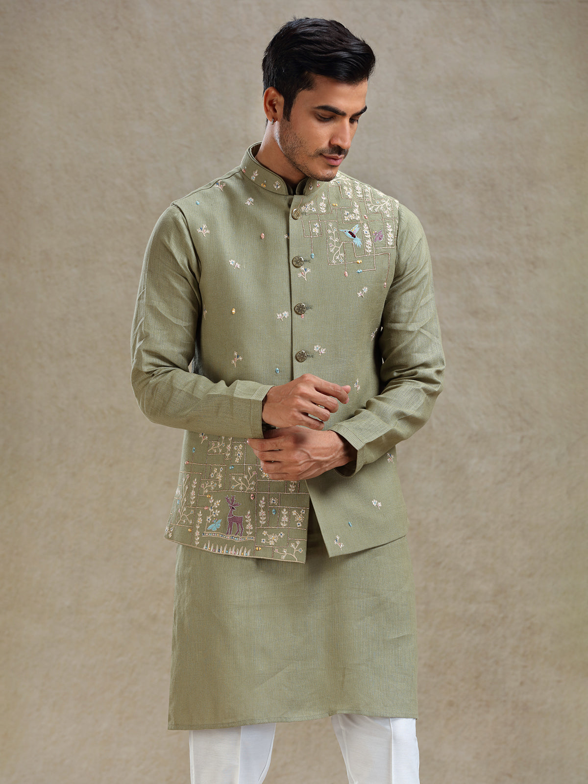 Green mirror worked waistcoat set for wedding
