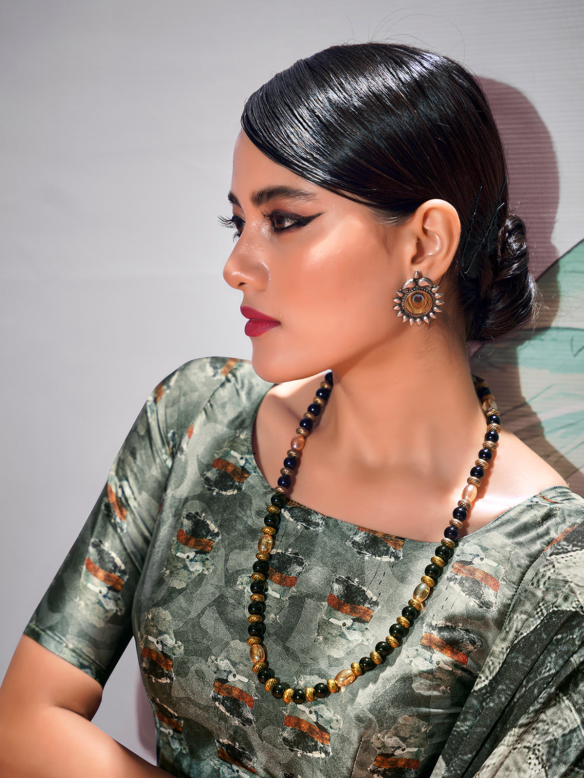 Green satin saree in printed