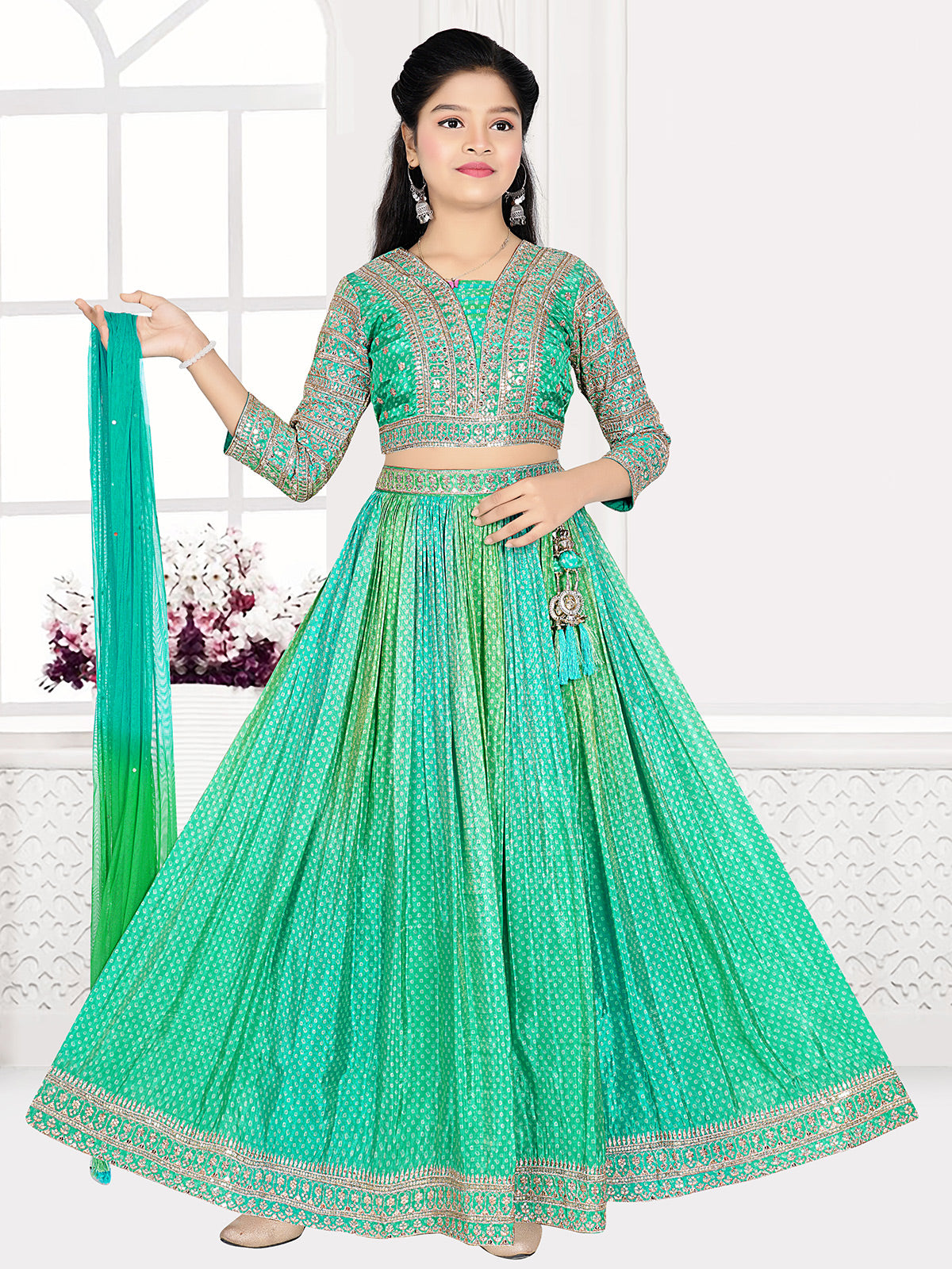 Green silk shaded bandhej printed lehenga choli with dupatta