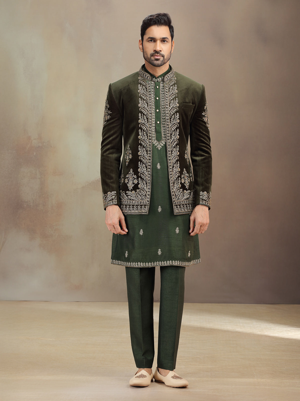 Green wedding wear velvet indowestern for men