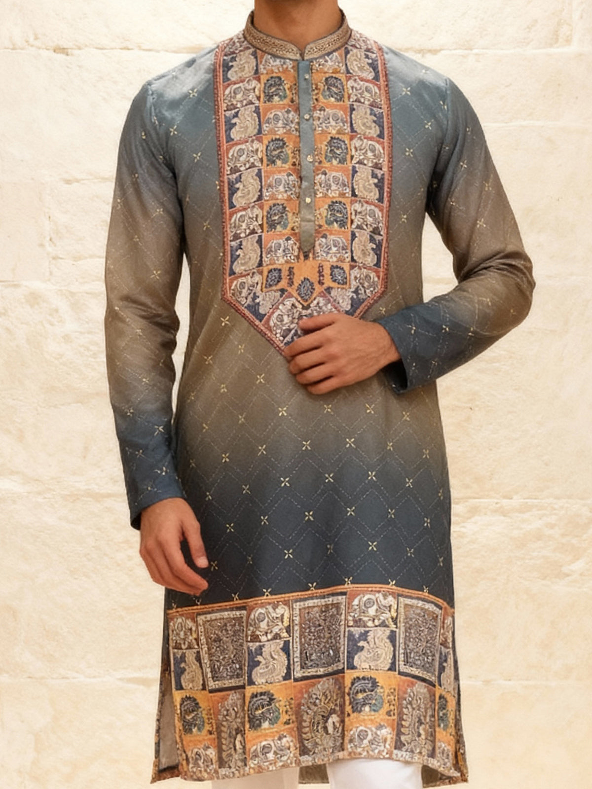 Grey and beige shaded daman printed kurta suit