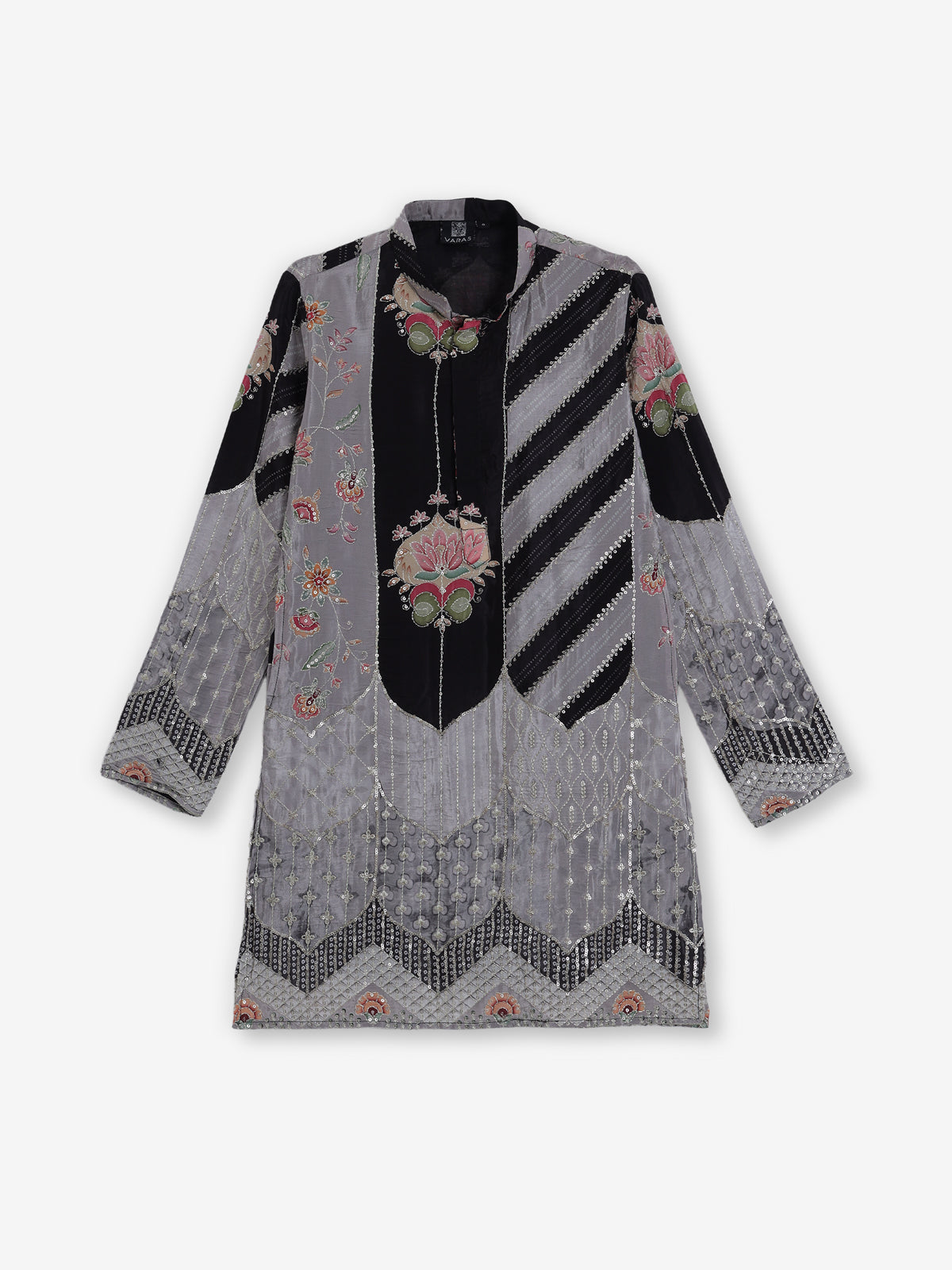 Grey and black silk printed resham sequined kurta suit