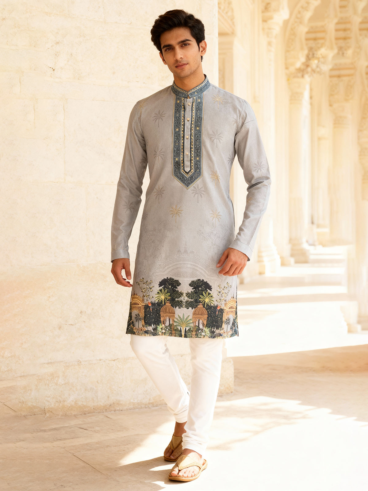 Grey cotton silk daman printed kurta suit for festive wear