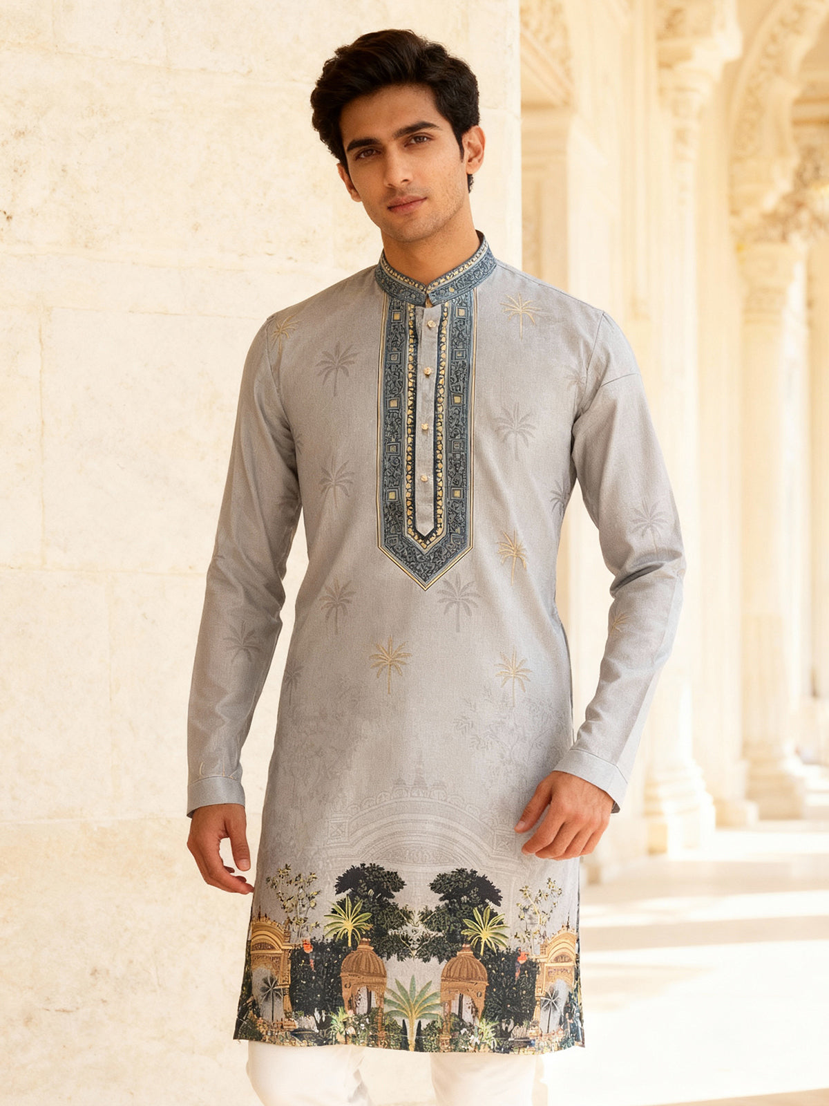Grey cotton silk daman printed kurta suit for festive wear