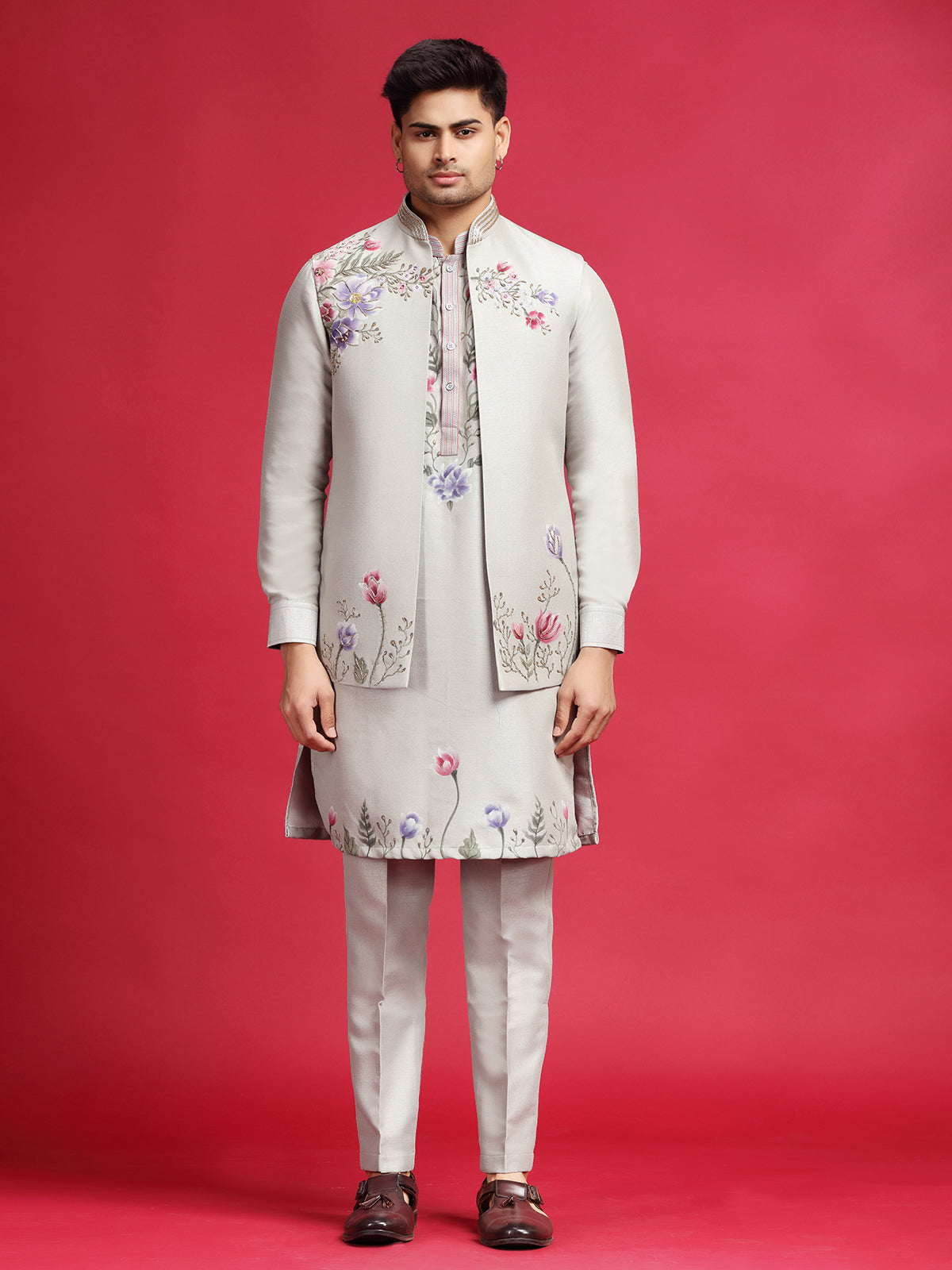 Grey hand printed waistcoat set with cutdana detailing