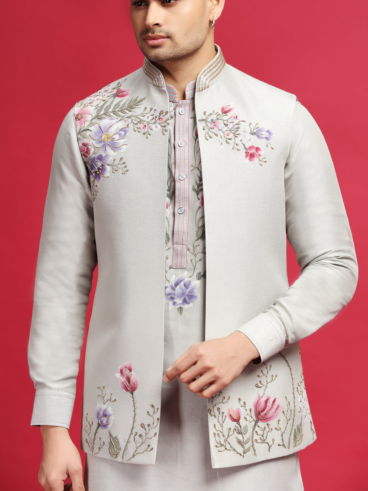 Grey hand printed waistcoat set with cutdana detailing
