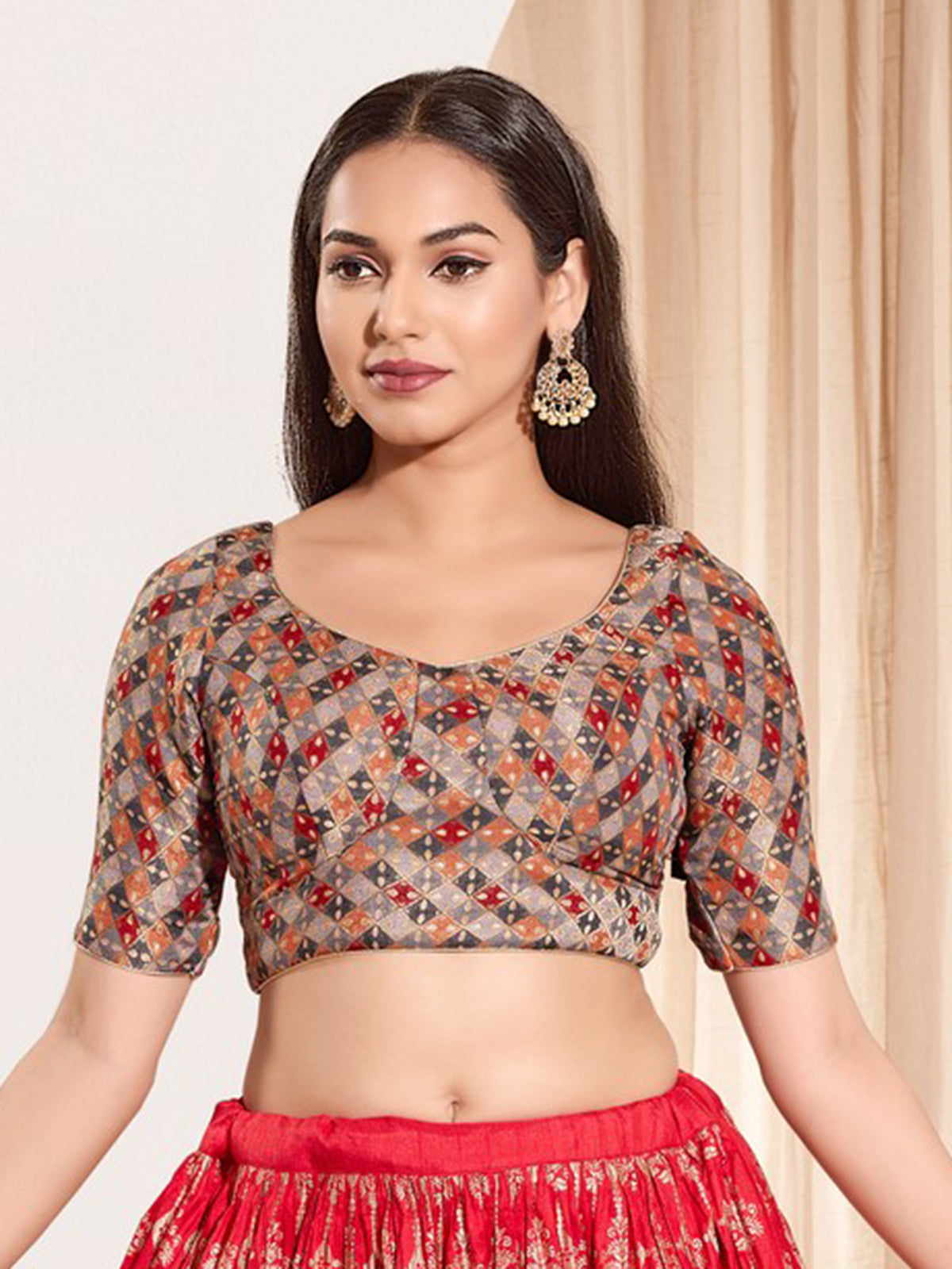 Grey jacquard printed blouse with elbow sleeves
