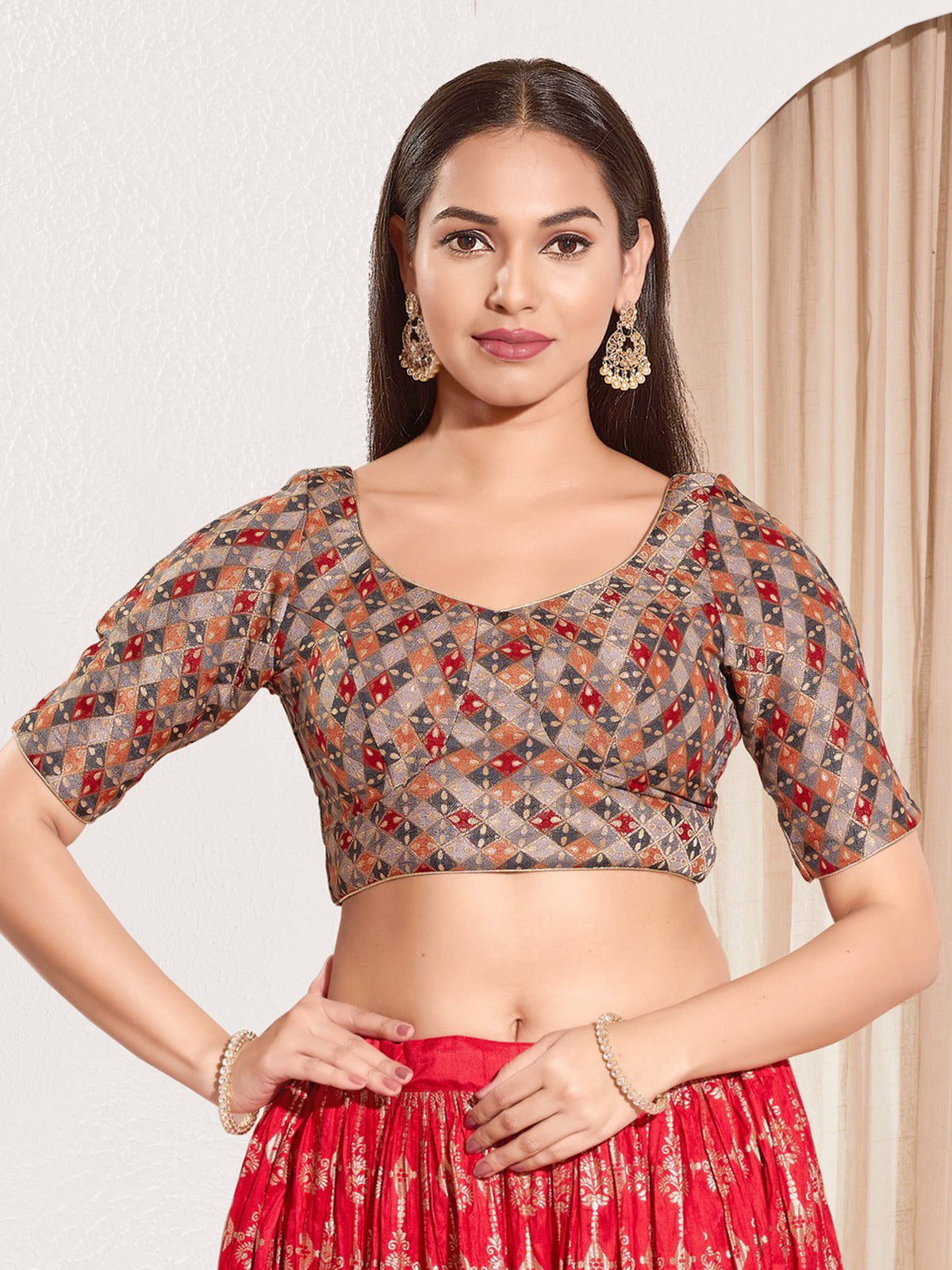 Grey jacquard printed blouse with elbow sleeves