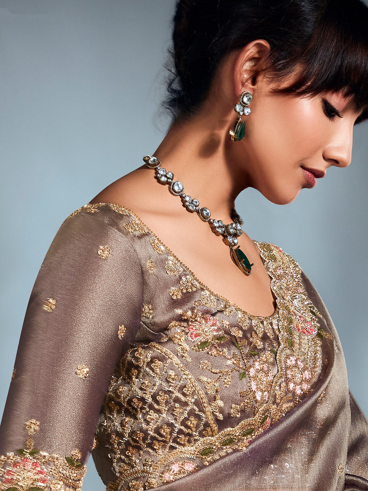 Grey organza saree with rich detailing