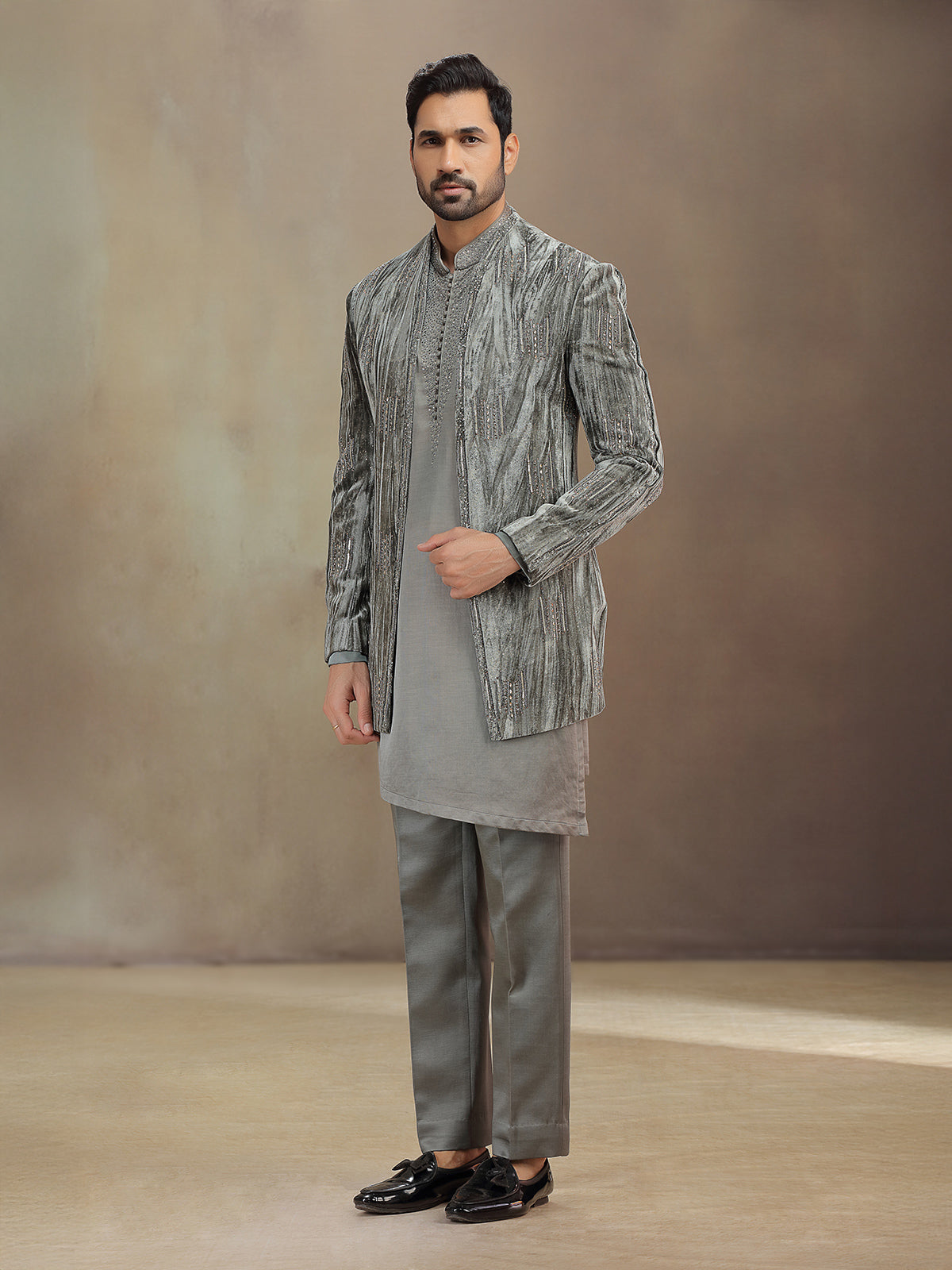 Grey reception wear velvet indowestern set