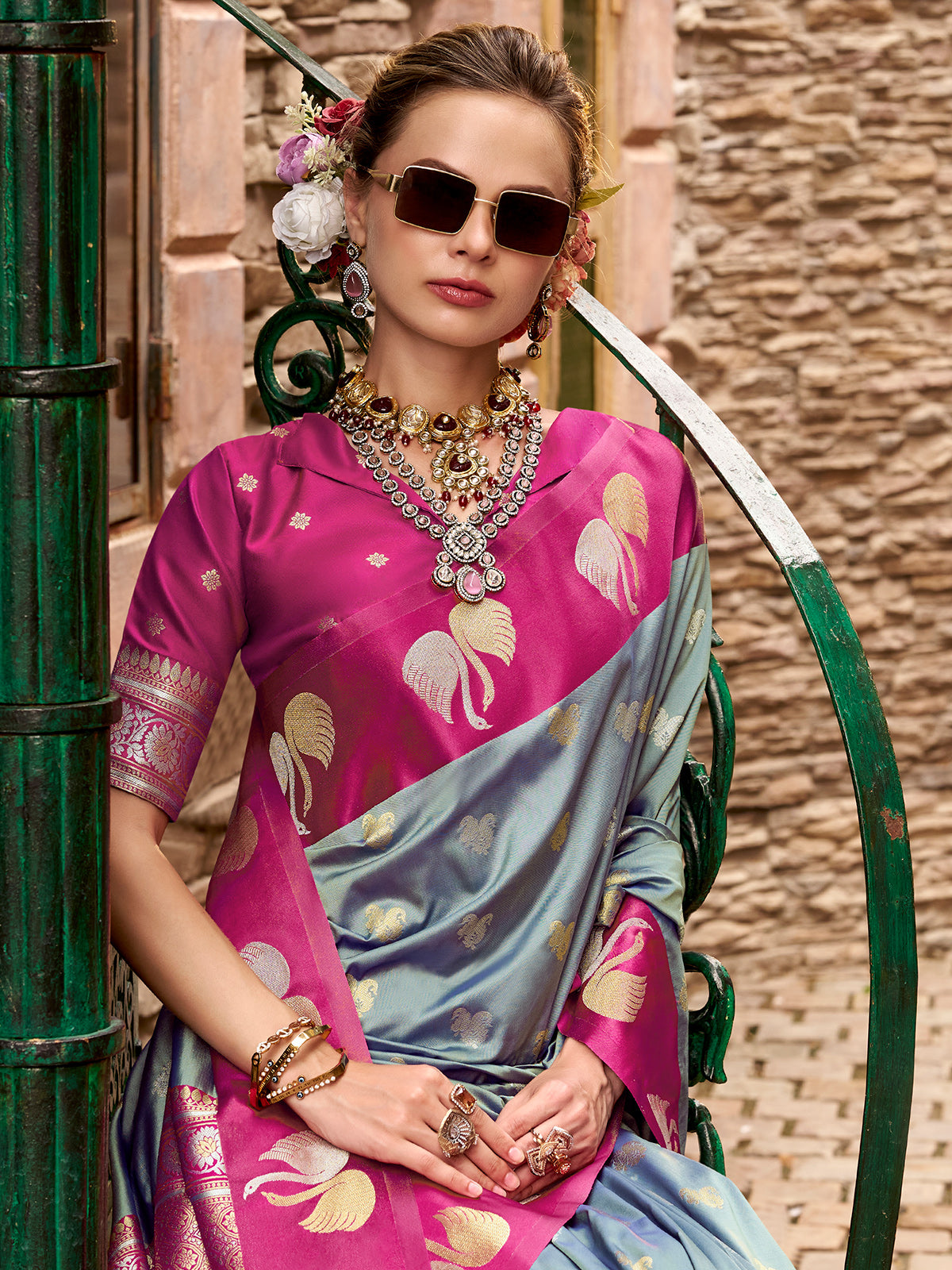 Grey satin silk drape with elegant zari