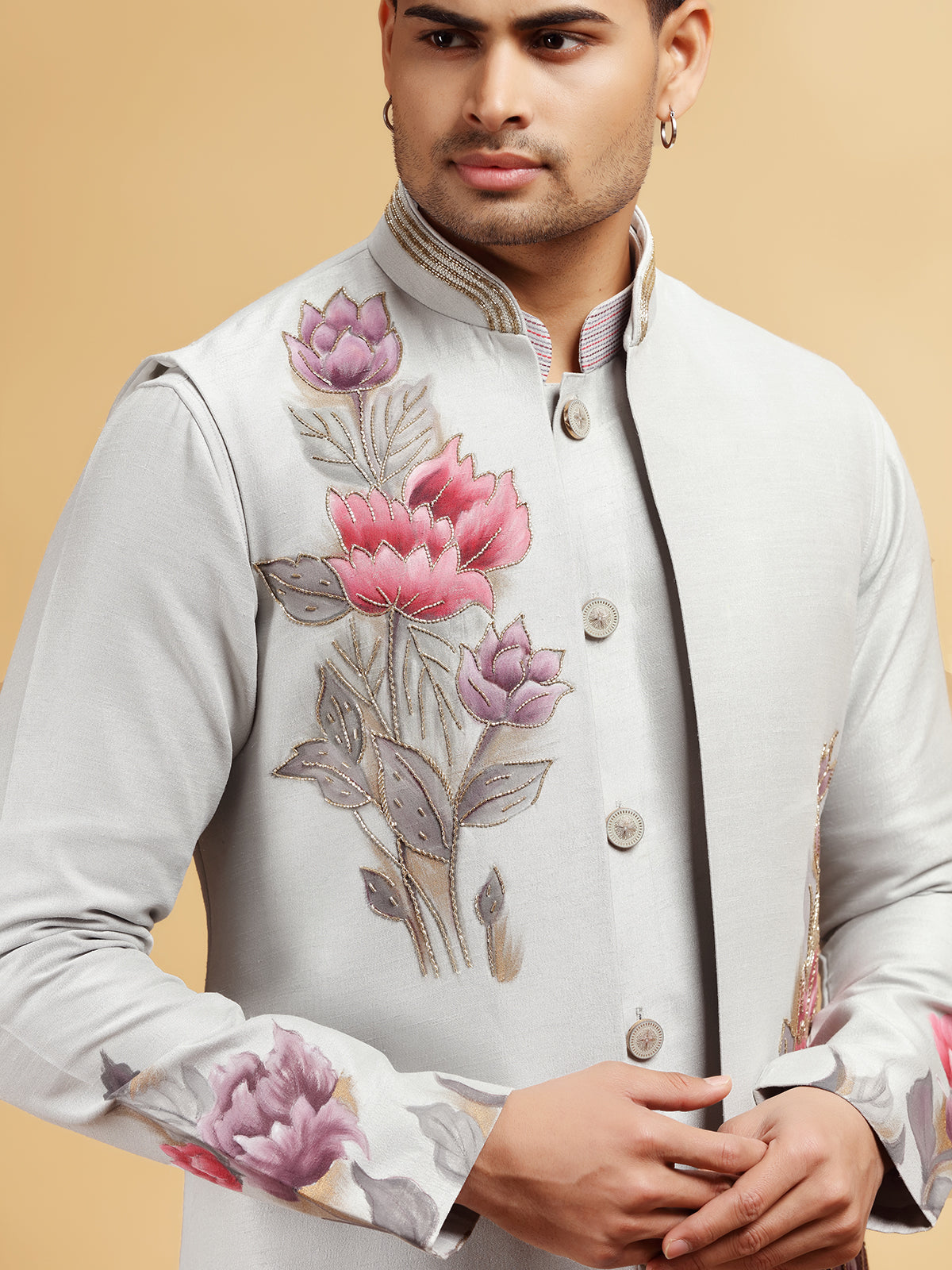 Grey silk printed waistcoat set with cutdana work