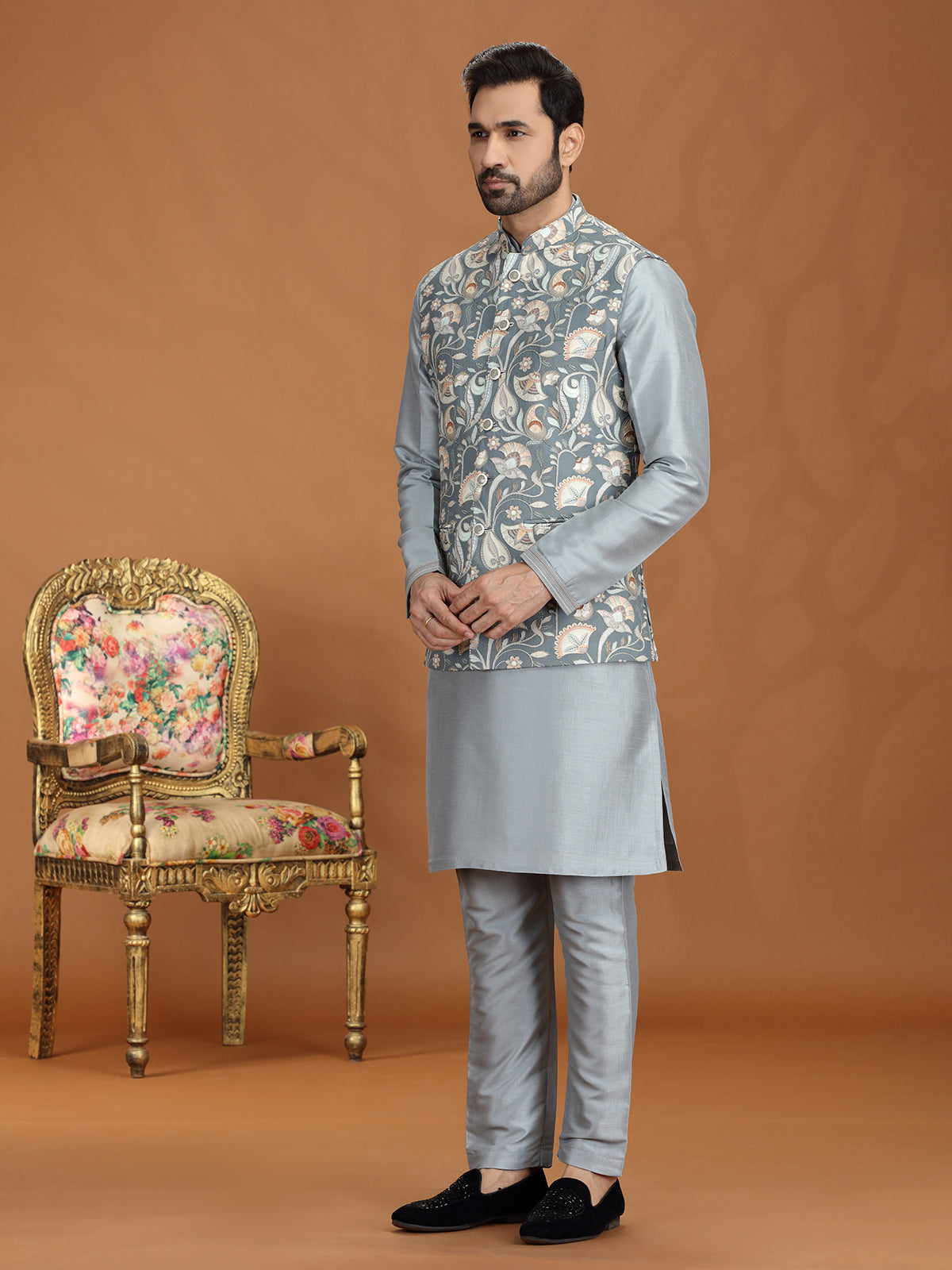 Grey silk printed waistcoat set with zari weaving