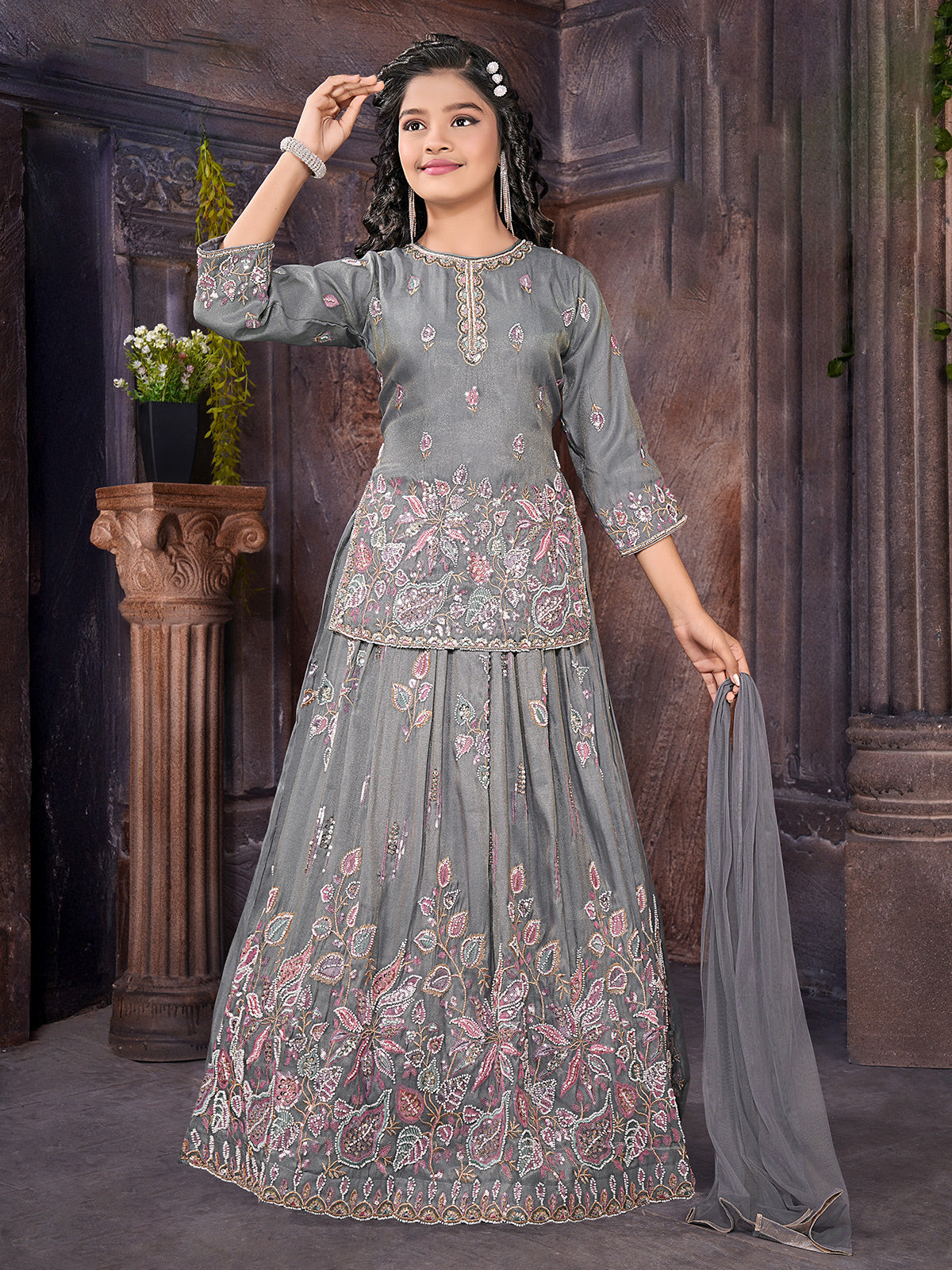 Grey silk wedding special lehenga choli for girls