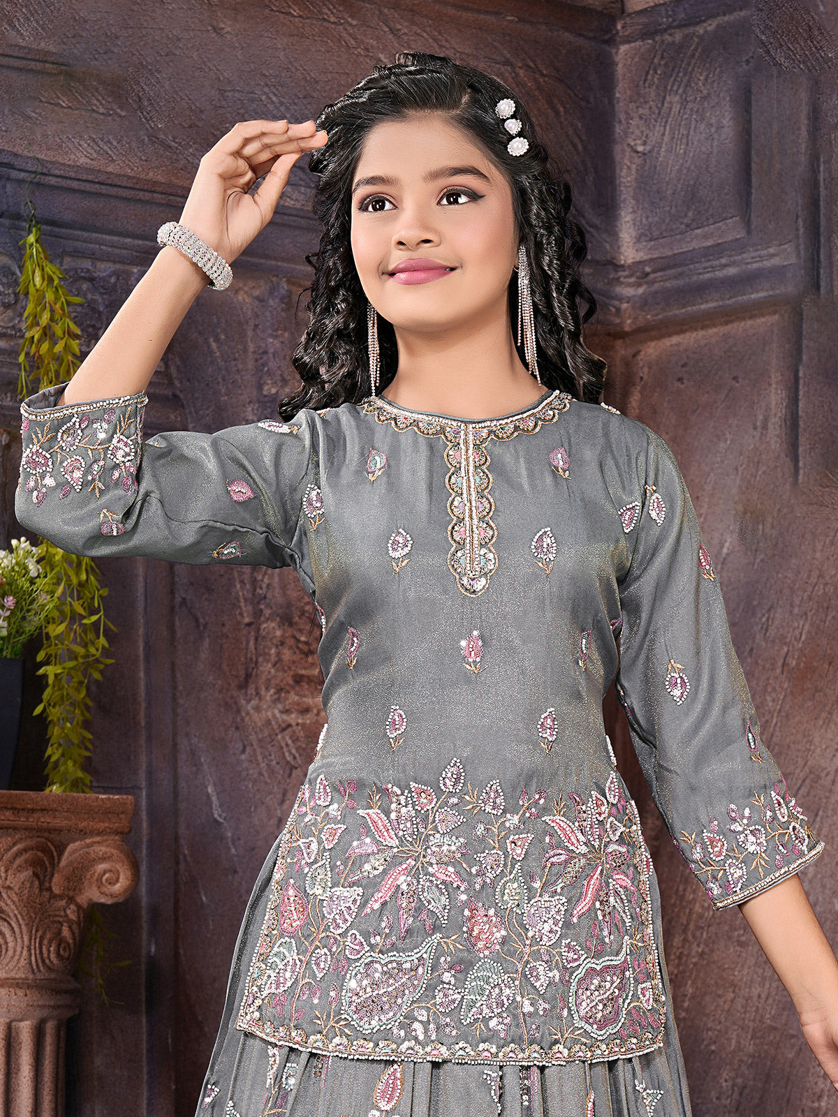 Grey silk wedding special lehenga choli for girls