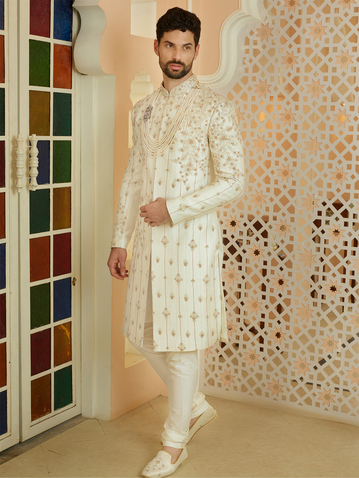 Groom wear off white silk sherwani