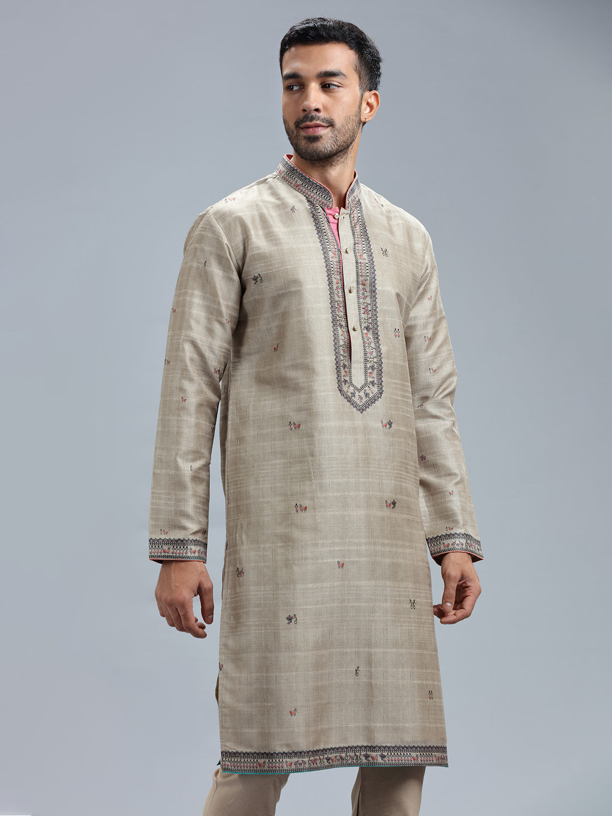 Khaki printed cotton silk kurta pajama for men