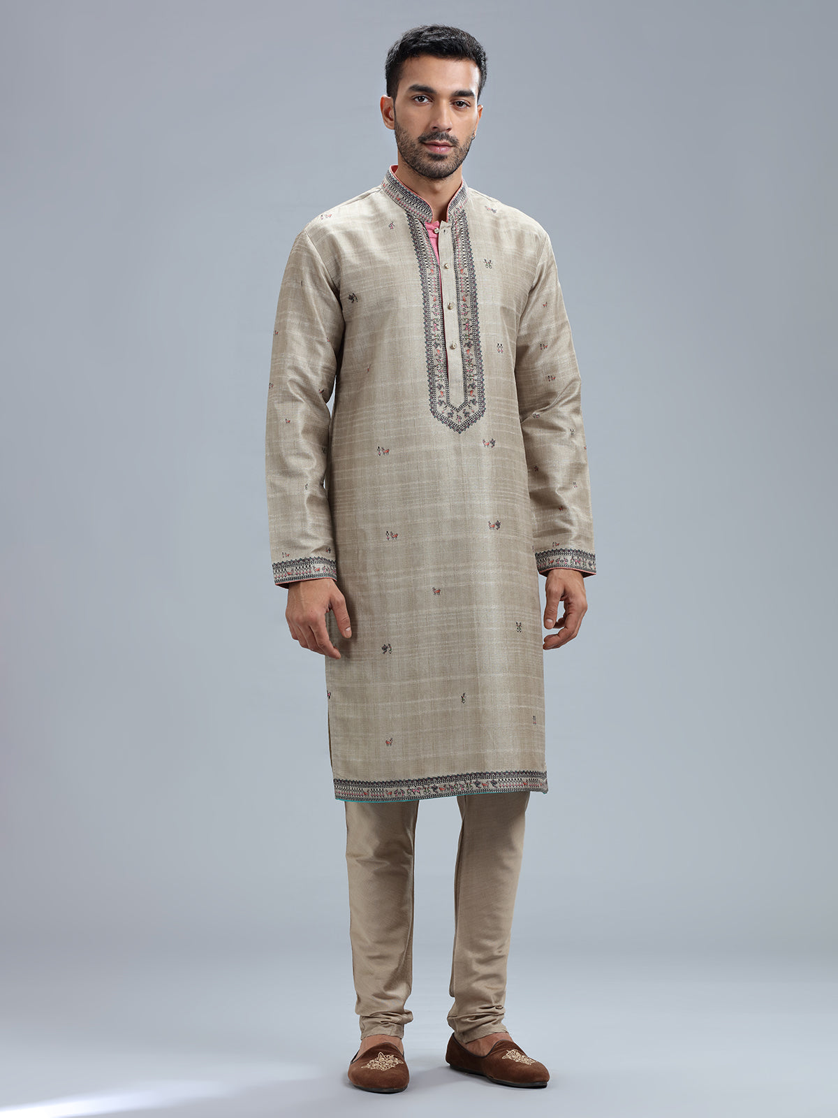 Khaki printed cotton silk kurta pajama for men