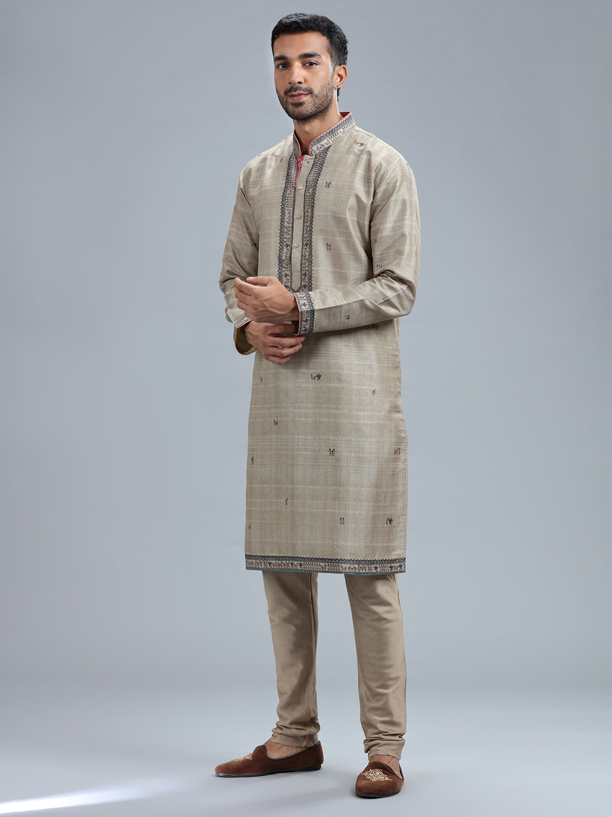 Khaki printed cotton silk kurta pajama for men