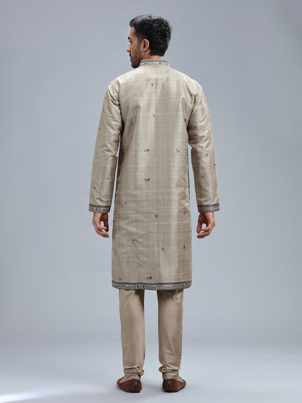 Khaki printed cotton silk kurta pajama for men