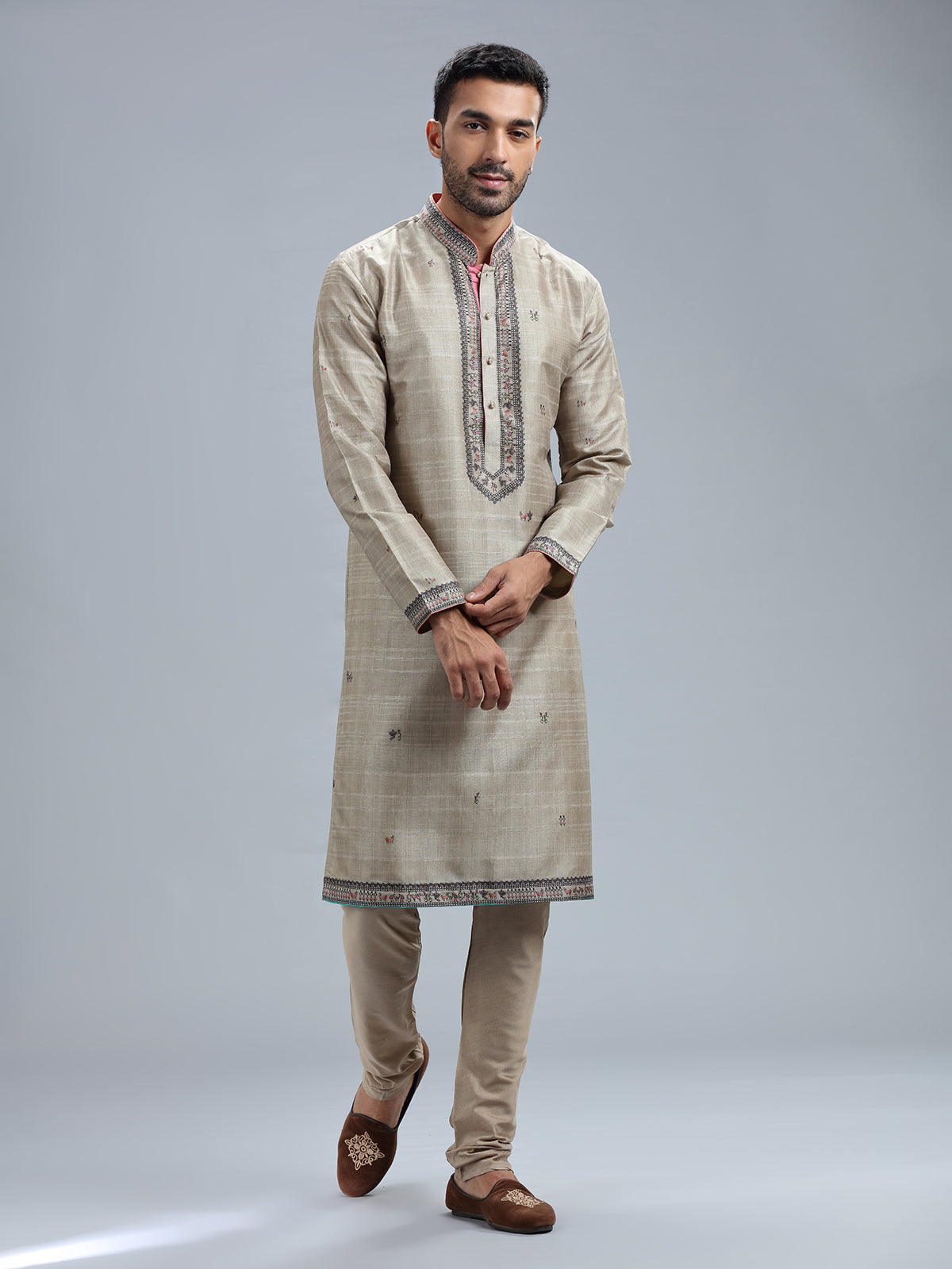 Khaki printed cotton silk kurta pajama for men