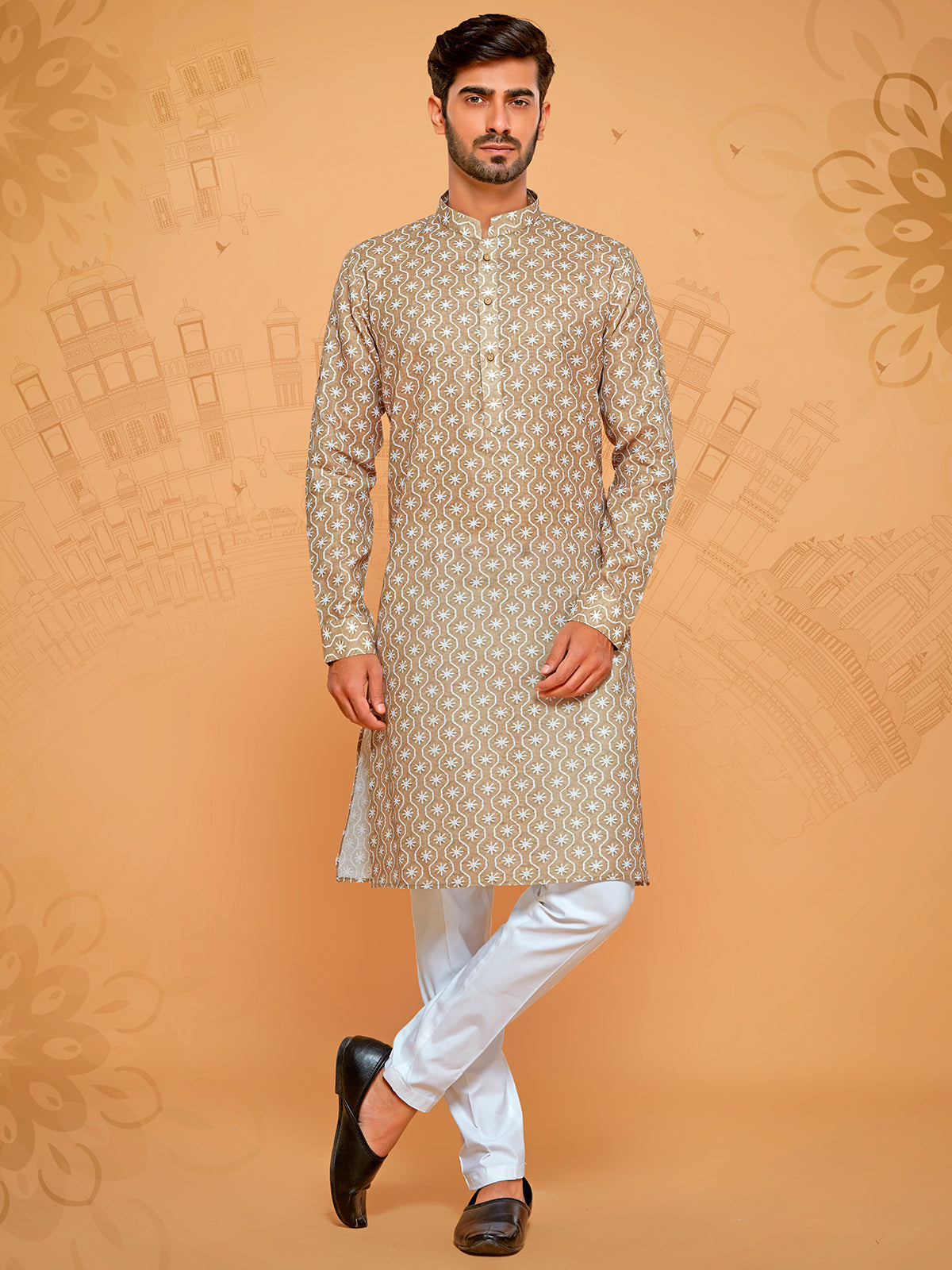 Khaki colour ethnic style printed kurta suit for men