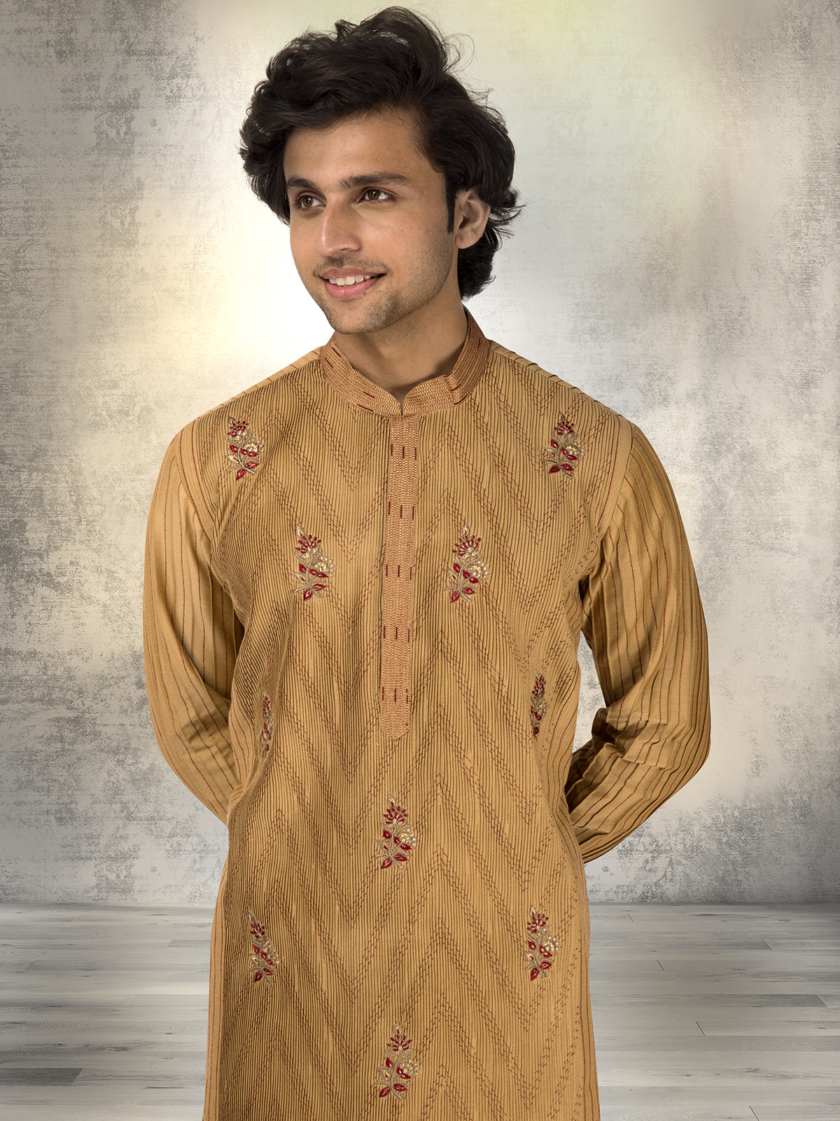 Khaki silk embroidered and resham kurta suit for festive