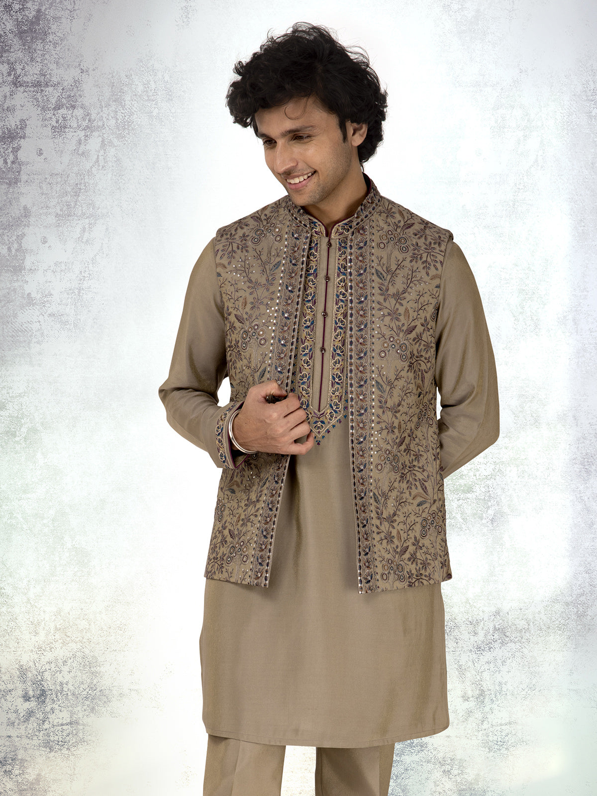 Khaki silk embroidered waistcoat set with sequins touch
