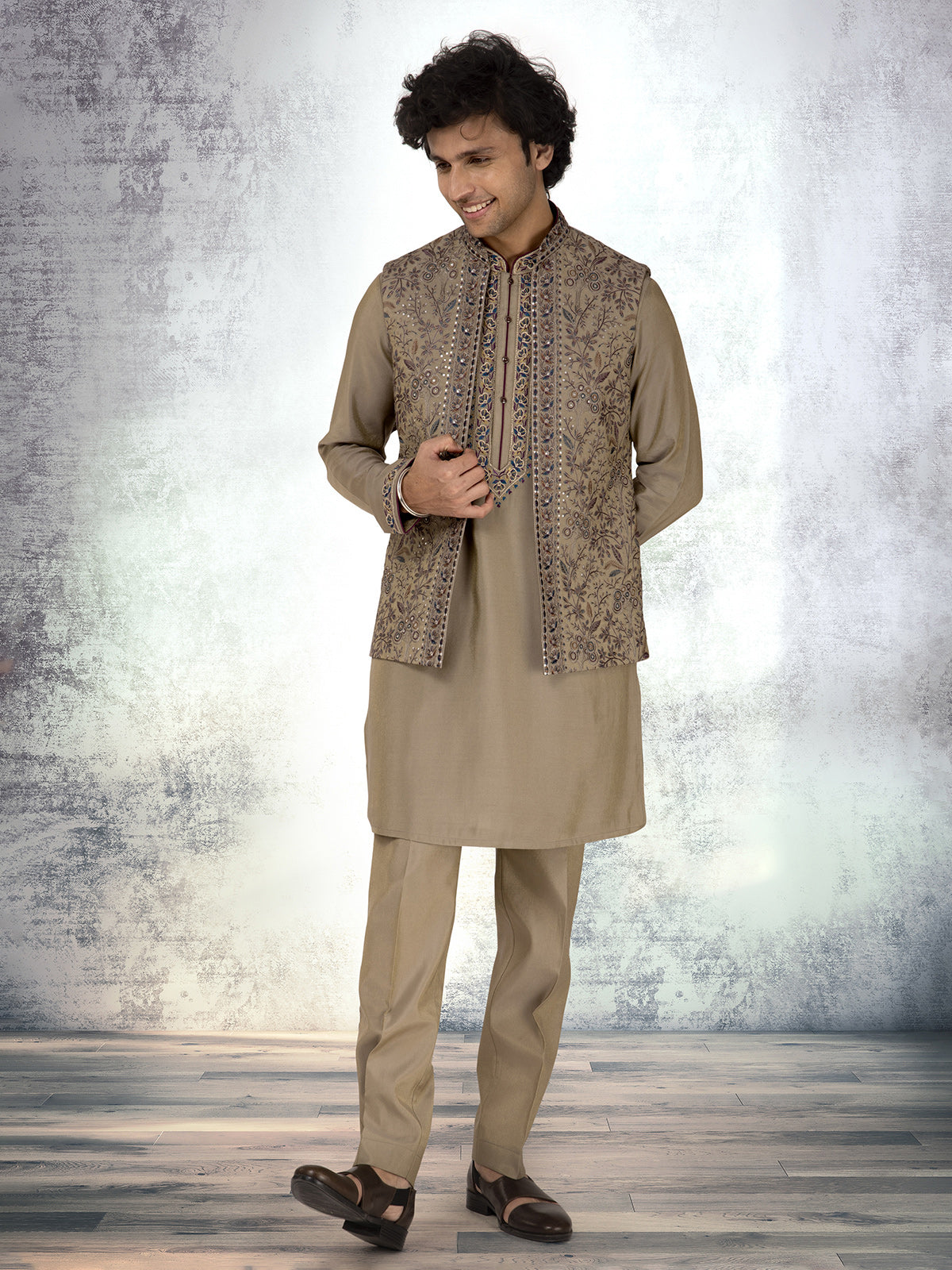 Khaki silk embroidered waistcoat set with sequins touch
