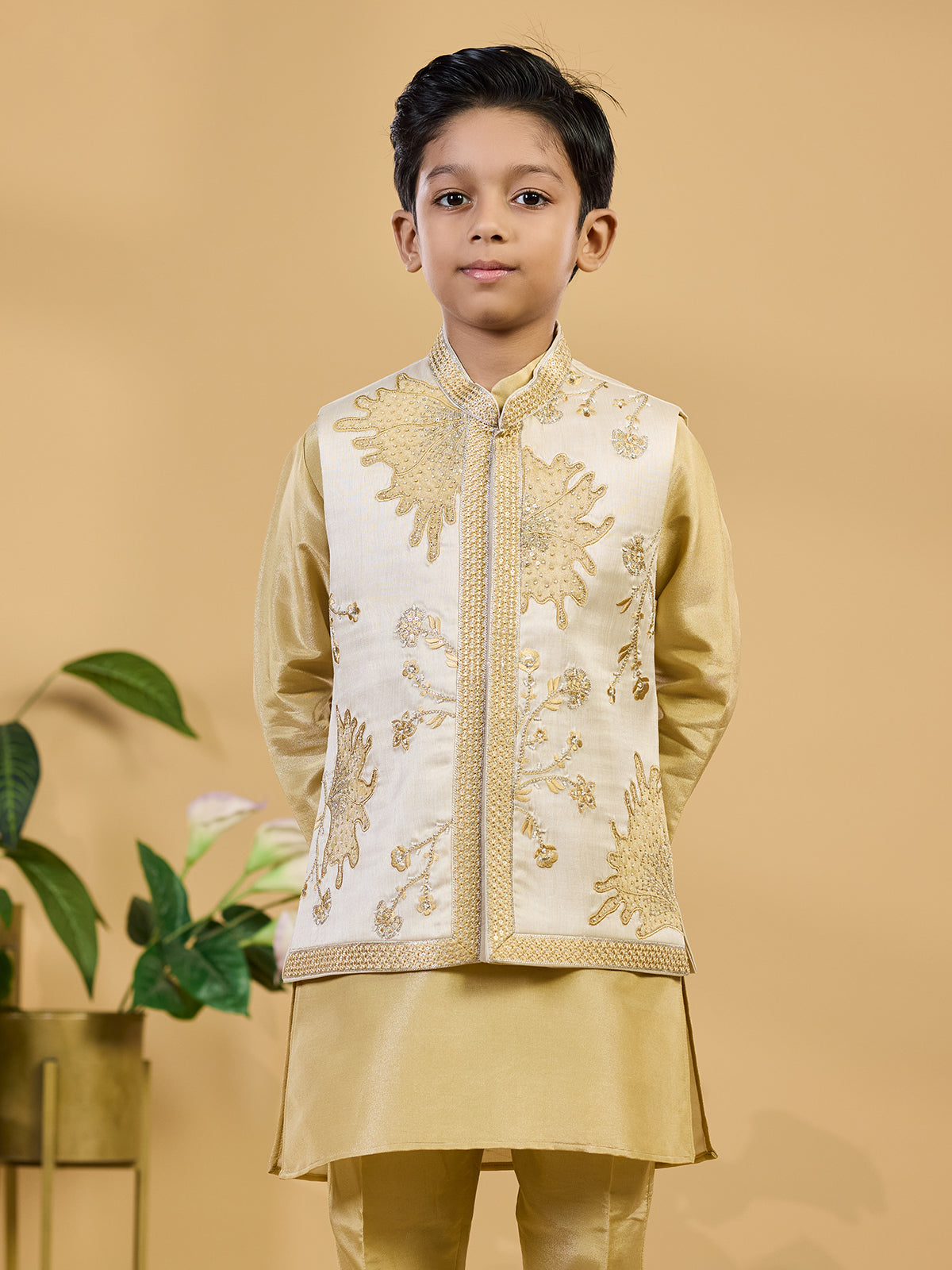 Khaki silk waistcoat set with rich embroidered accents