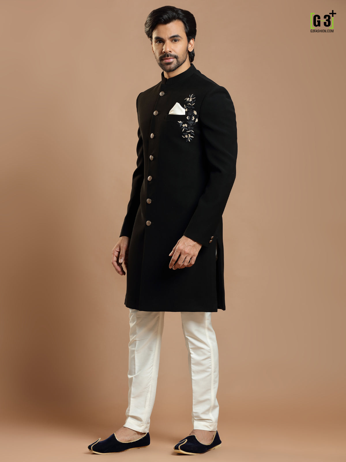 Latest black terry rayon wedding wear indowestern for mens