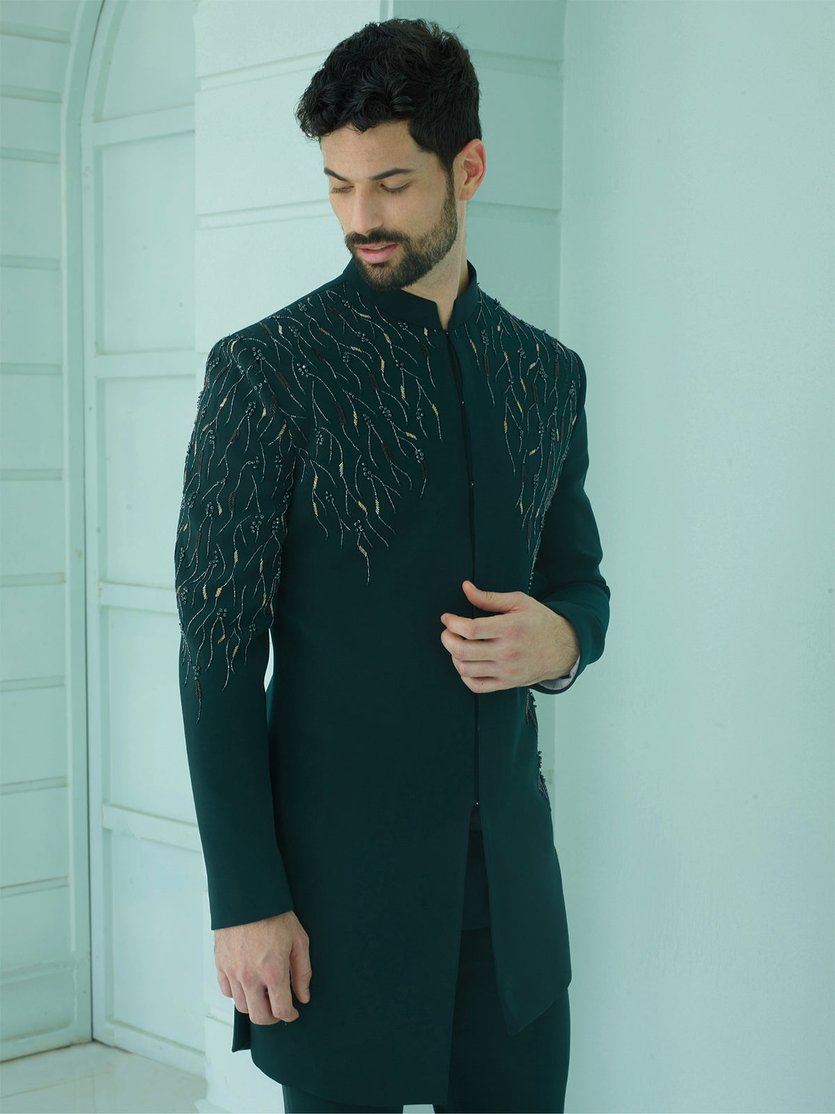Latest bottle green terry rayon indowestern