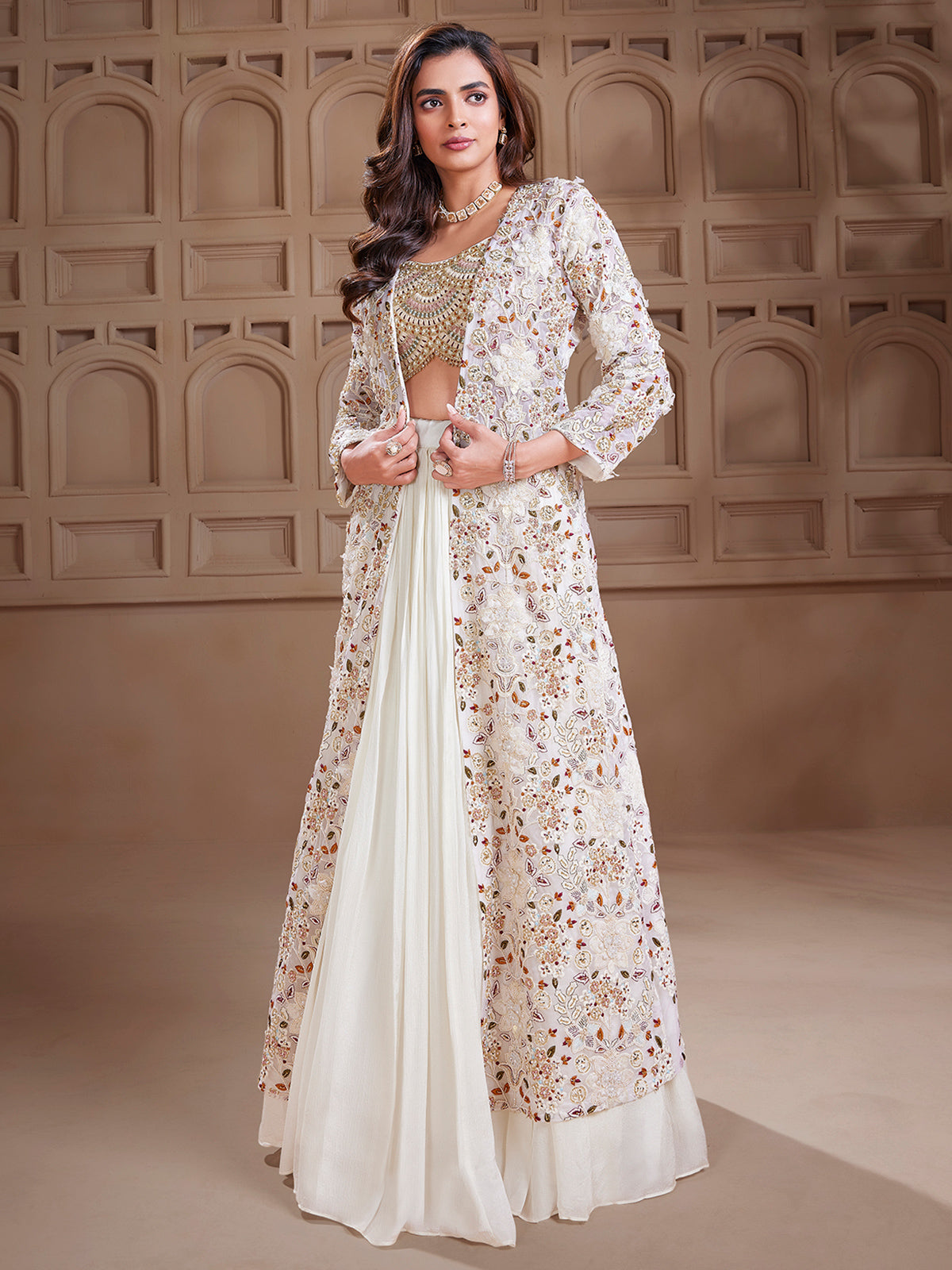 Latest georgette cream shrug style lehenga choli