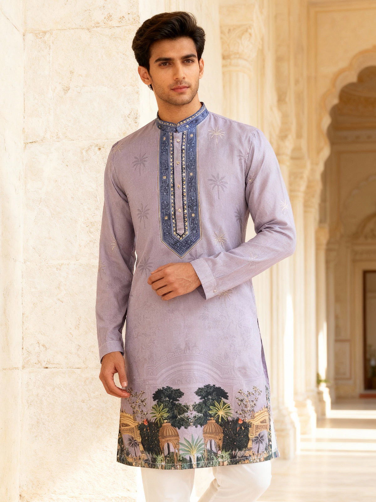 Lavender purple cotton silk daman printed kurta suit