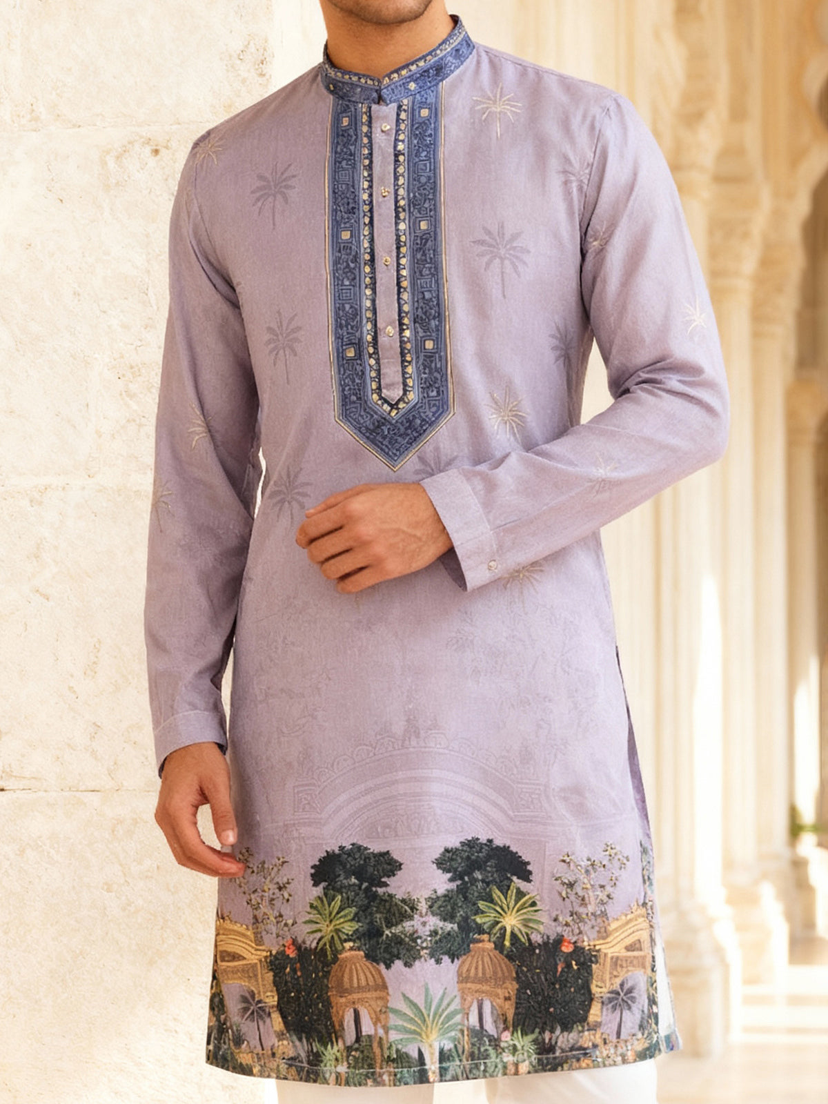 Lavender purple cotton silk daman printed kurta suit