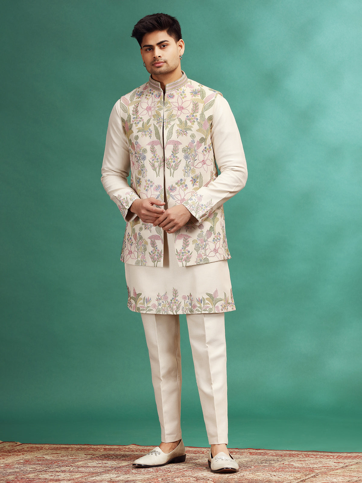Light beige wedding wear silk waistcoat set for men