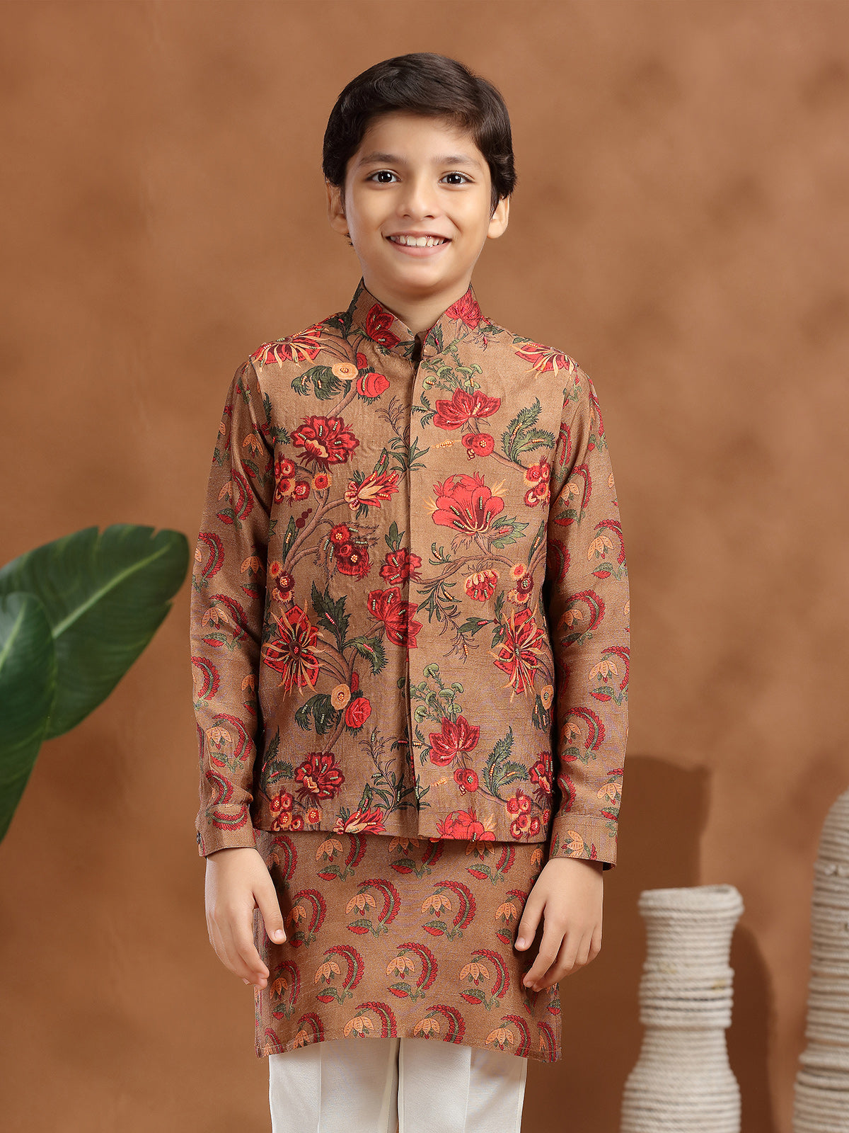Light brown raw silk printed waistcoat set