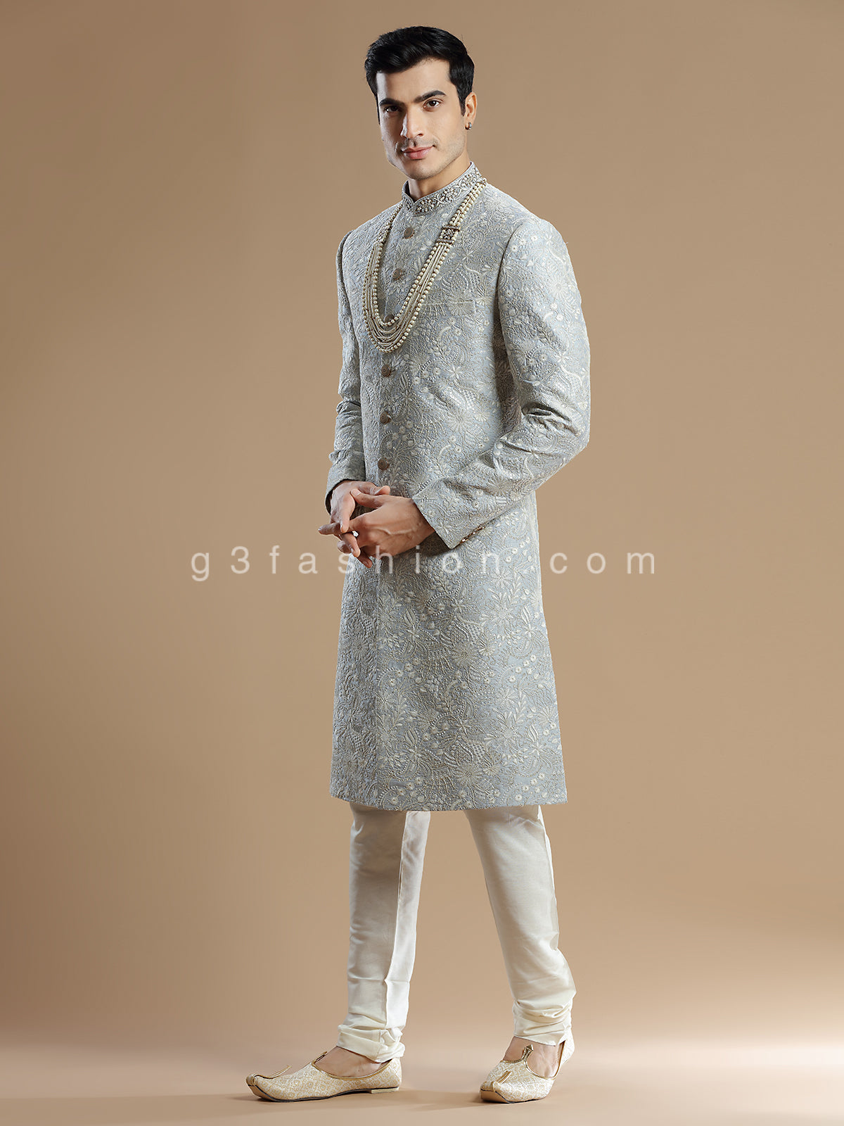 Light grey lavish groom wear sherwani in raw silk