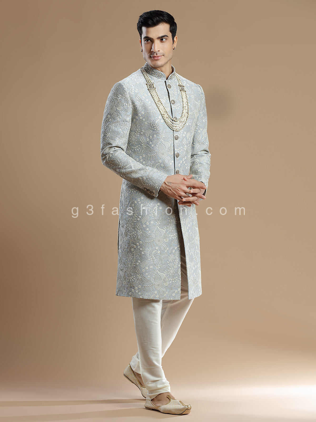 Light grey lavish groom wear sherwani in raw silk