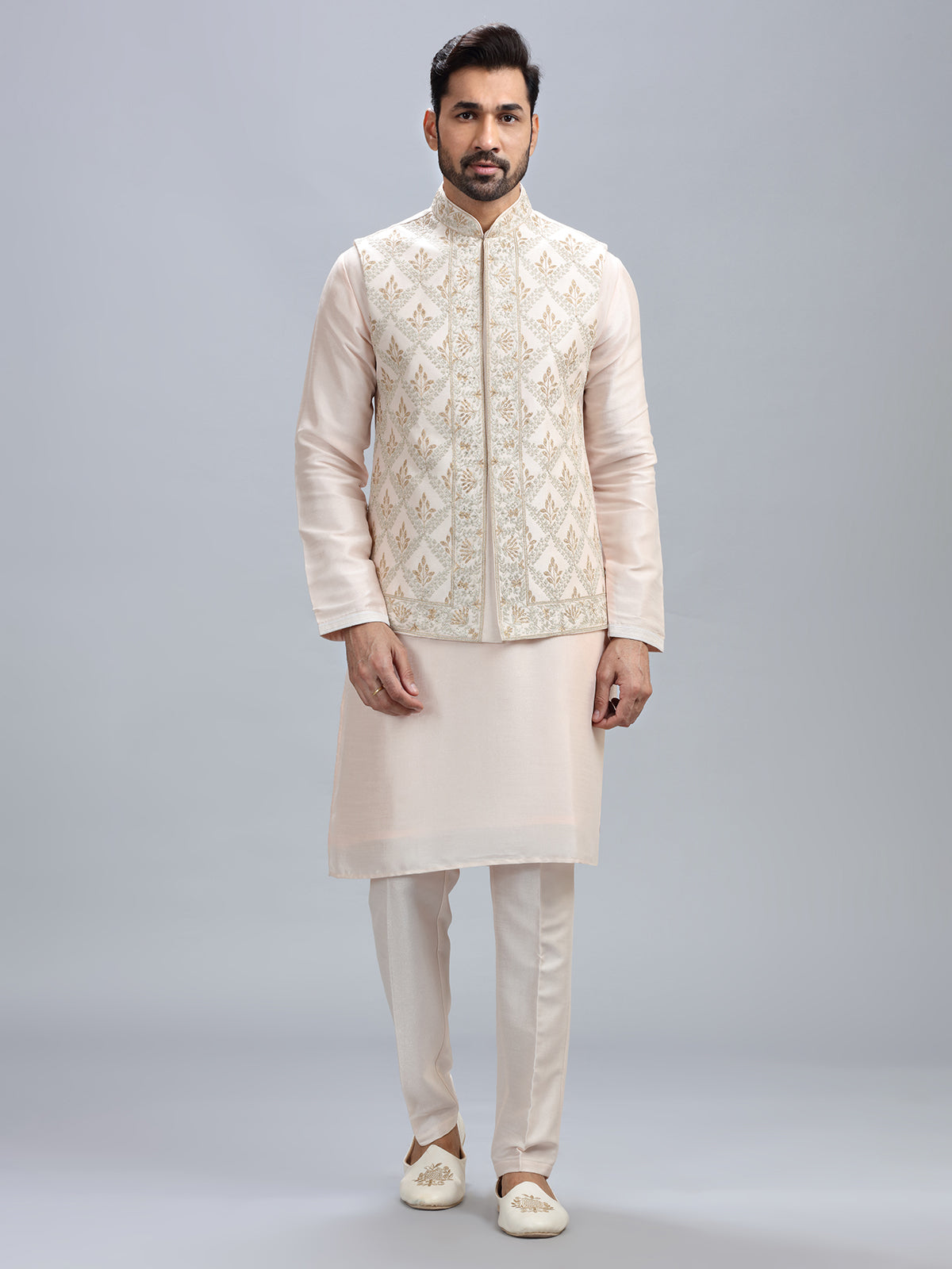 Light peach silk waistcoat set for men