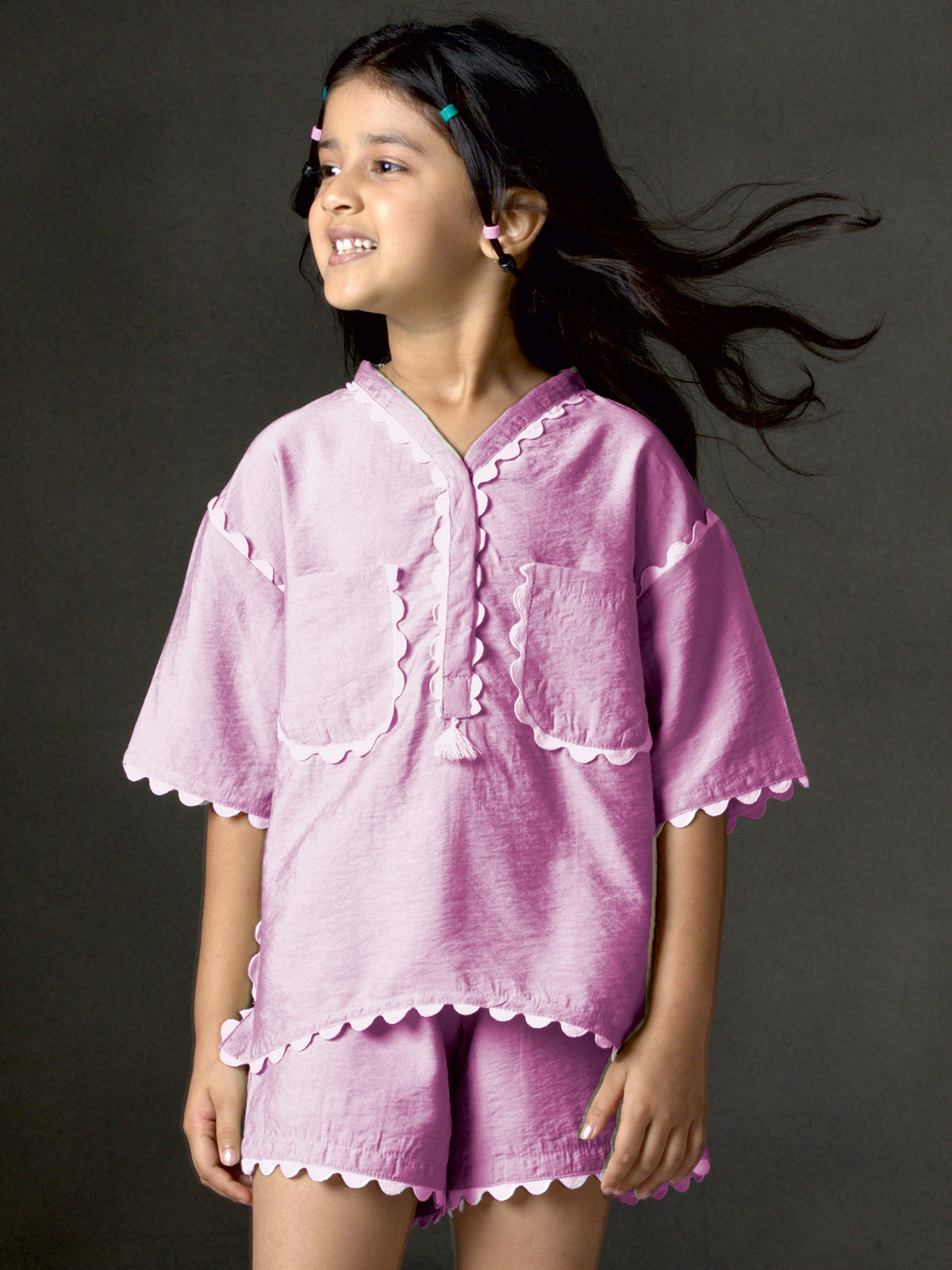 Light purple cotton silk V neck co-ord set for girls