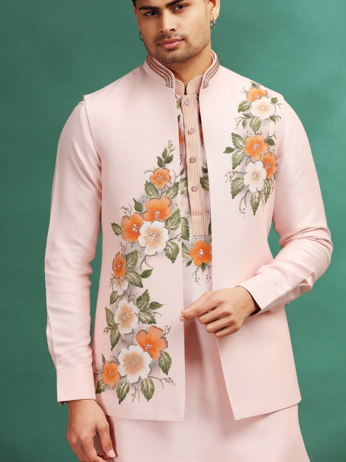 Ligtht Pink printed silk waistcoat set with cutdana work