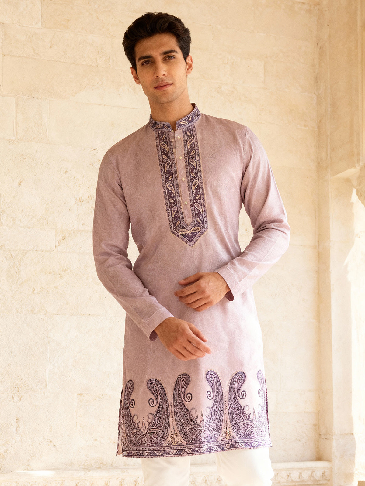Lilac purple cotton silk daman printed kurta suit