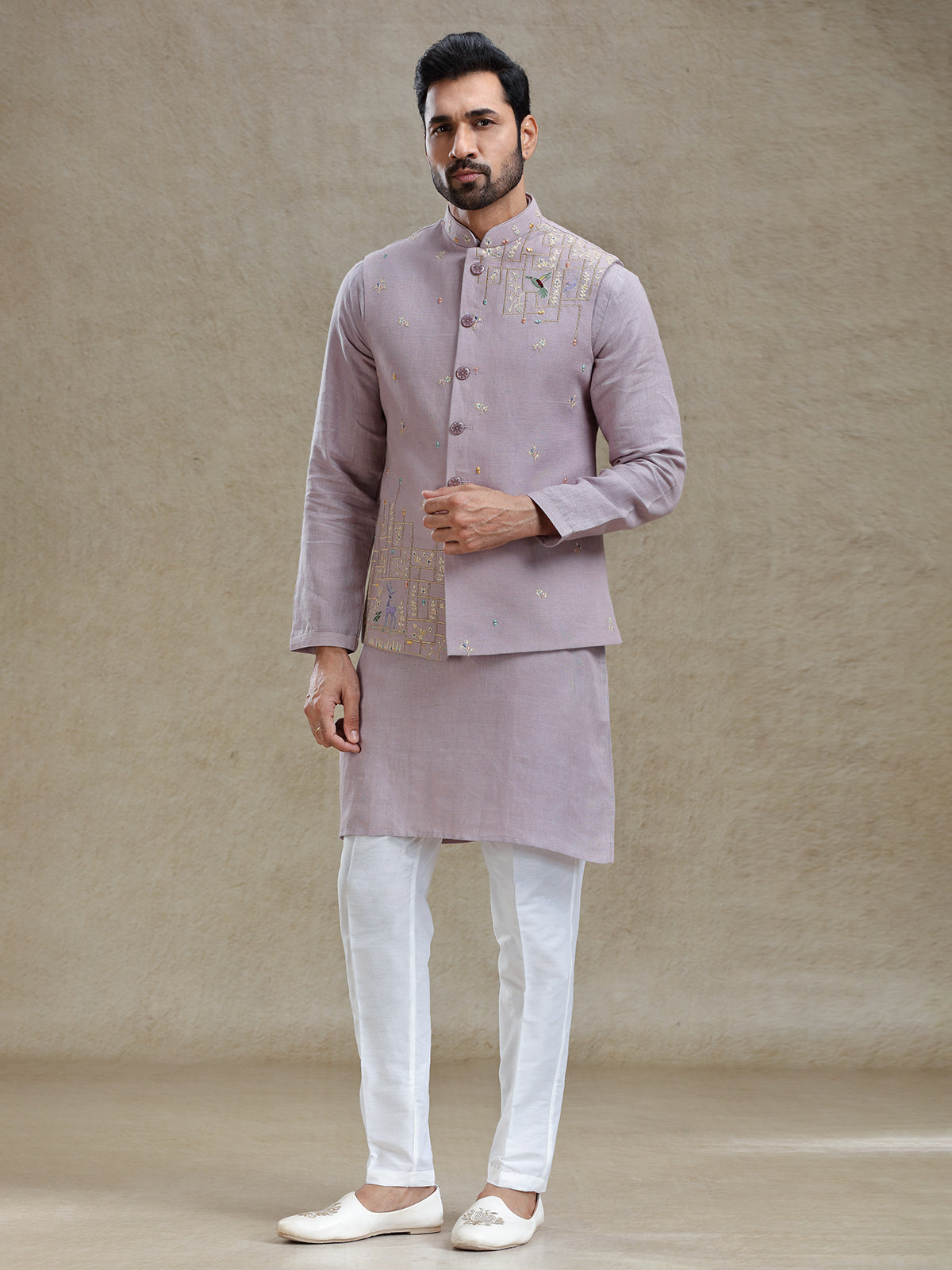 Lilac purple linen kurta jacket set in mirror work