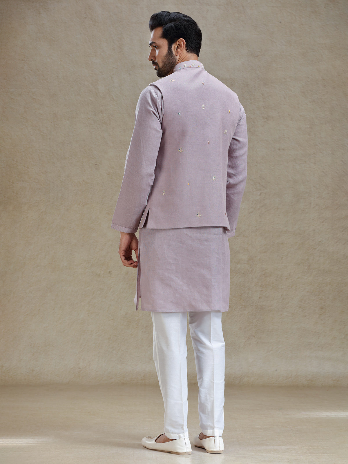 Lilac purple linen kurta jacket set in mirror work