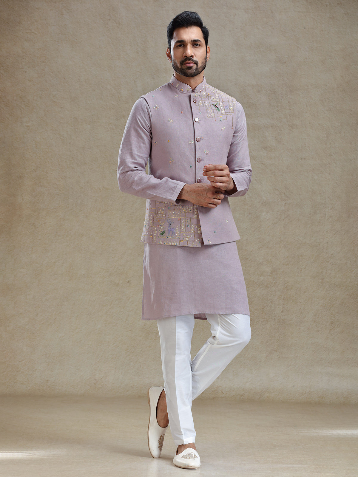 Lilac purple linen kurta jacket set in mirror work