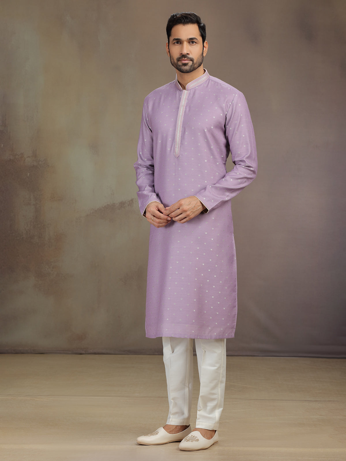 Lilac purple silk kurta pajama with zari work