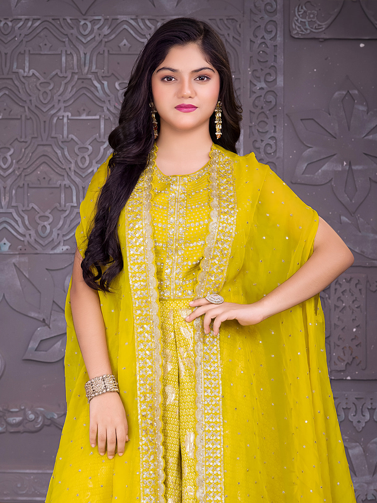 Lime green georgette palazzo suit for wedding wear