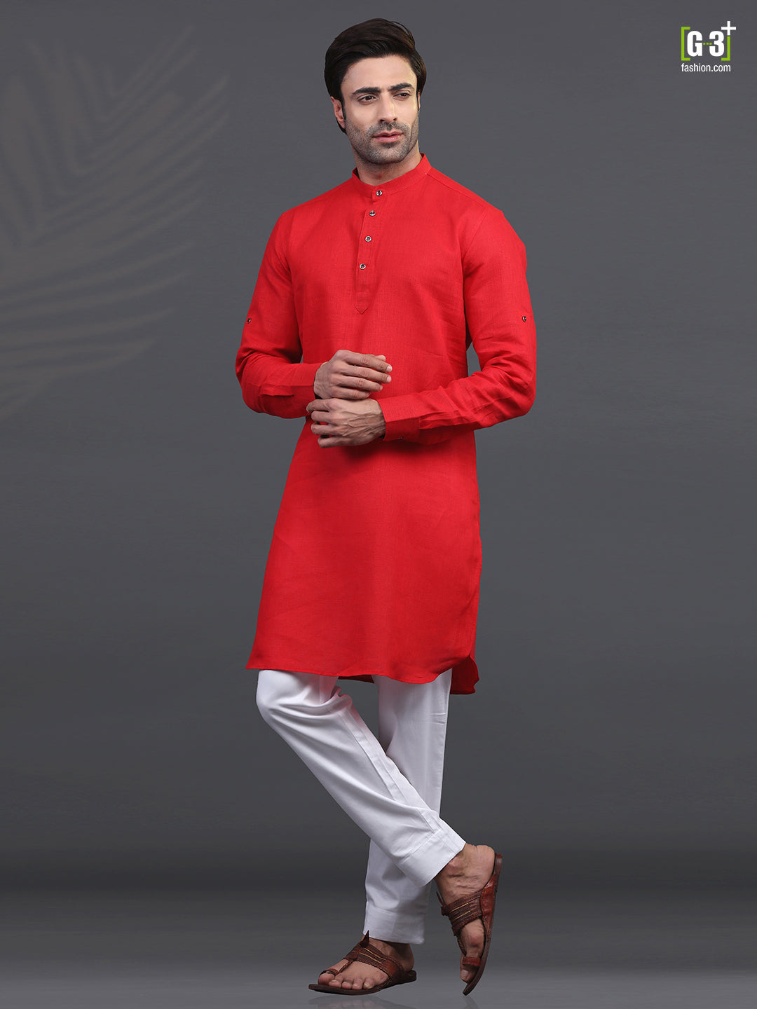 Linen red full sleeve kurta suit