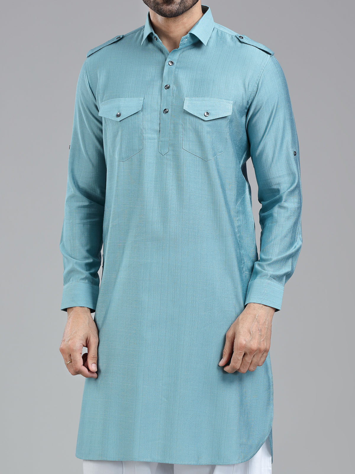Luxurious firozi blue mens pathani suit